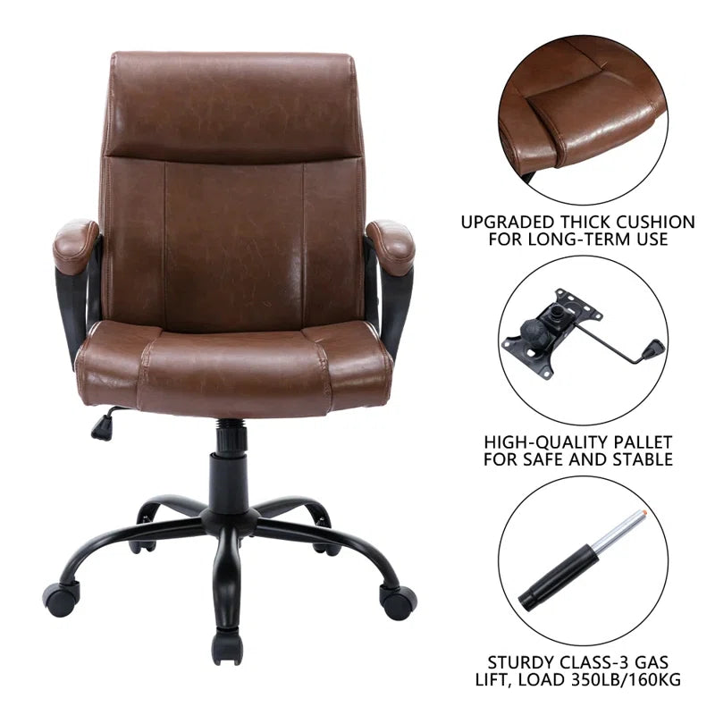 Girsham Office Chair Mid Back Desk Adjustable High Ergonomic Computer Chair Soft Armrests PU Leather with Lumbar Support