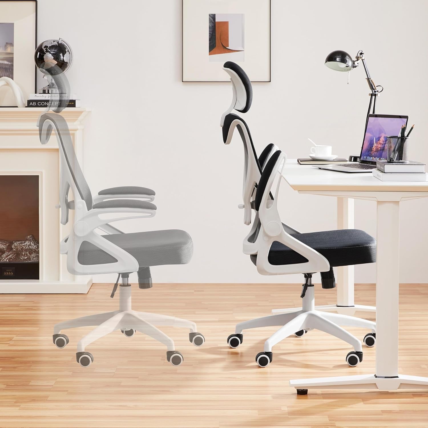 Yaheetech Ergonomic Office Chair with Headrest, Lumbar Support, White/Black | Breathable Mesh High-Back Adjustable Headrest, Padded Seat, and Flip-Up Armrests Supports Your Back and Neck, Holds 300Lb
