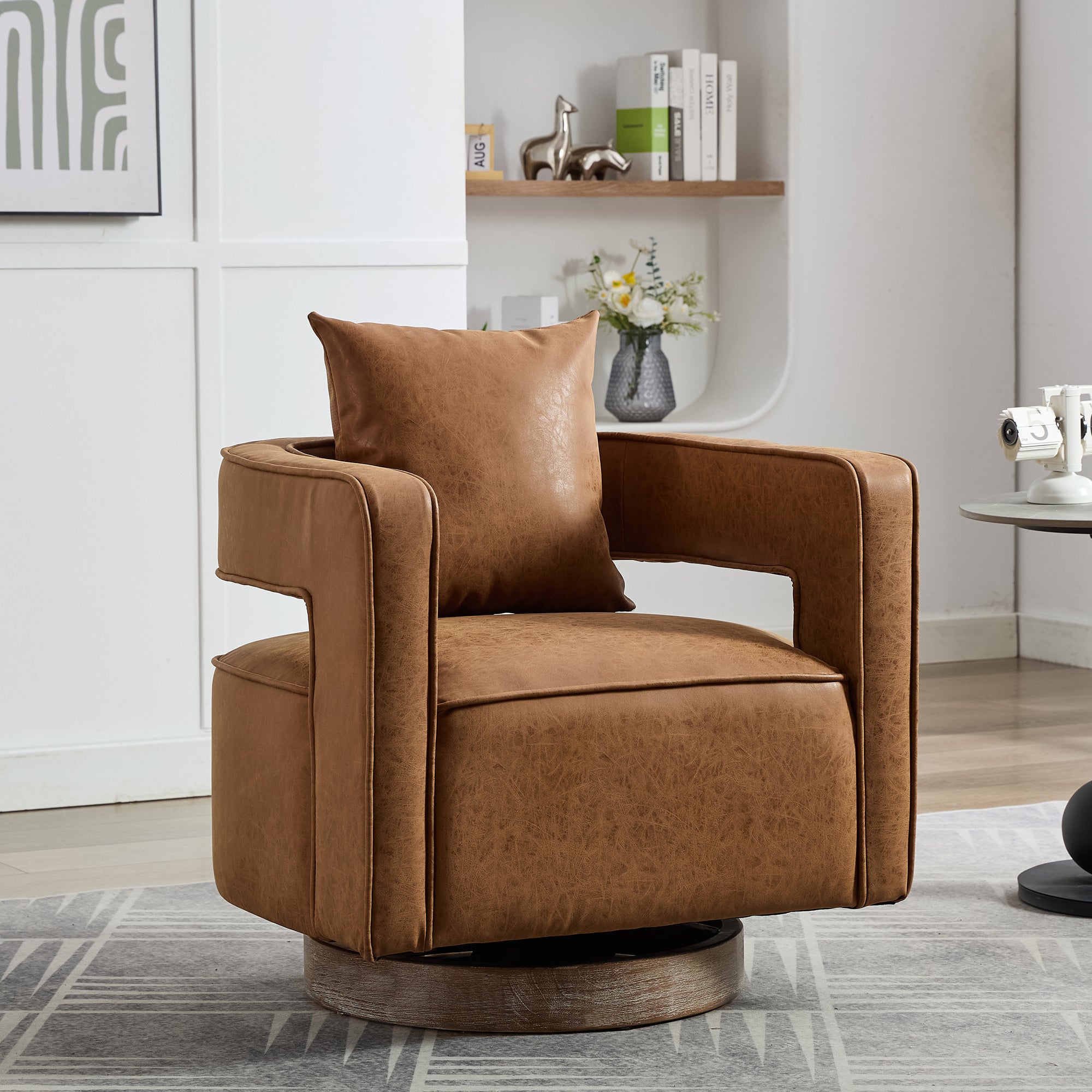 Brown PU Leather Swivel Barrel Chair With Open Back Comfortable