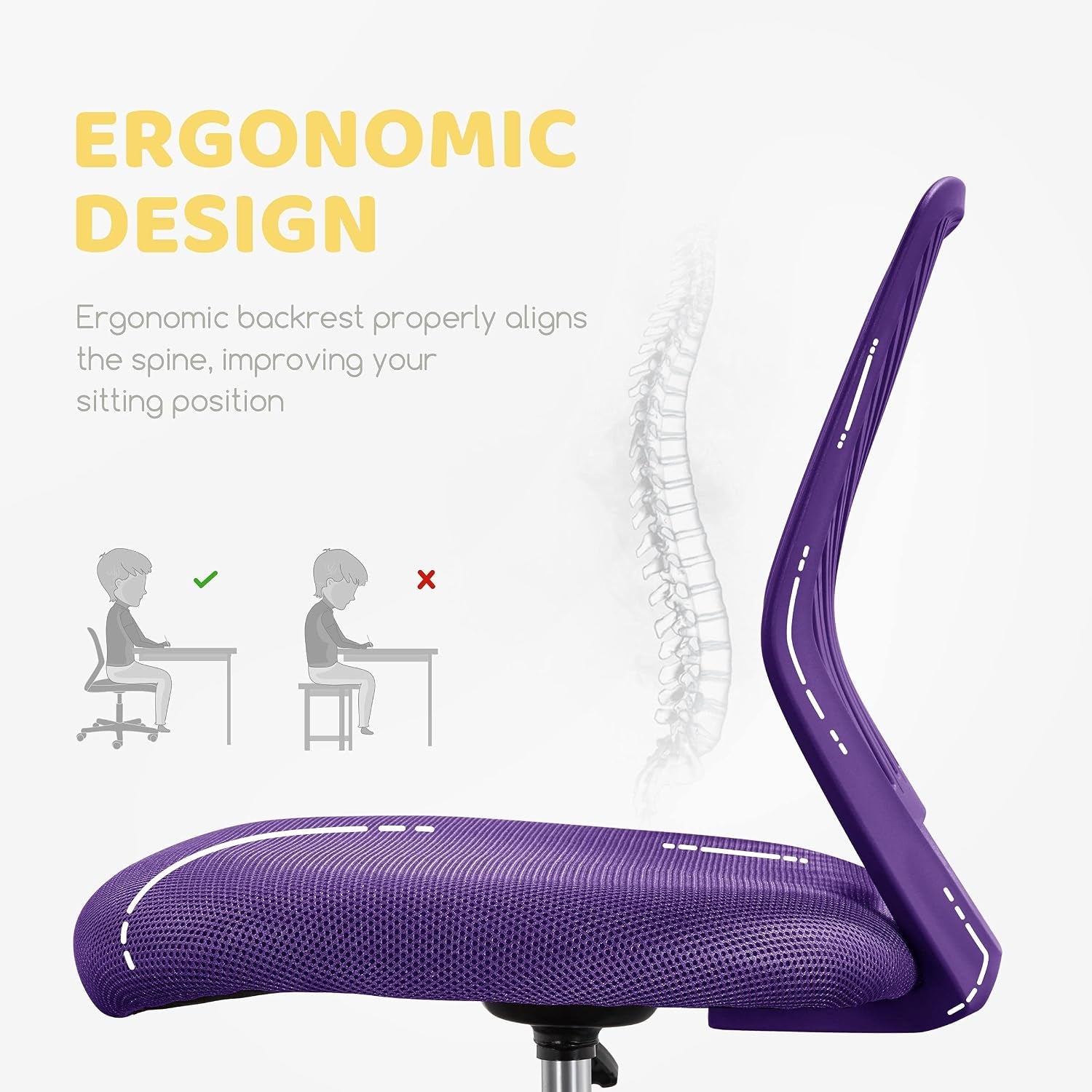 Yaheetech Student Desk Chair, Low-Back Armless Study Chair with Lumbar Support, Adjustable Swivel Office Chair for Home Bedroom School, Purple