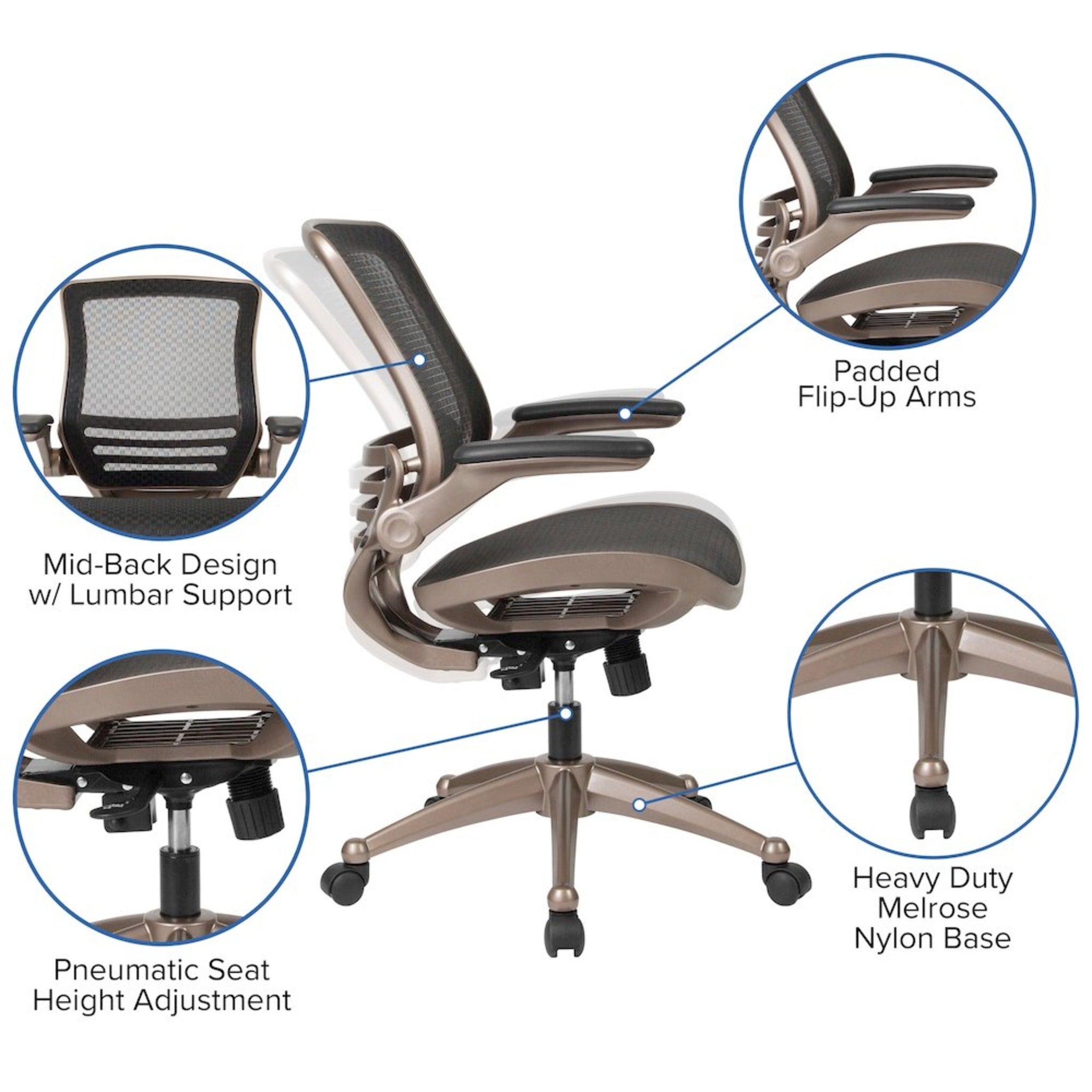 Mid-Back Black Mesh Executive Swivel Office Chair with Melrose Gold Frame