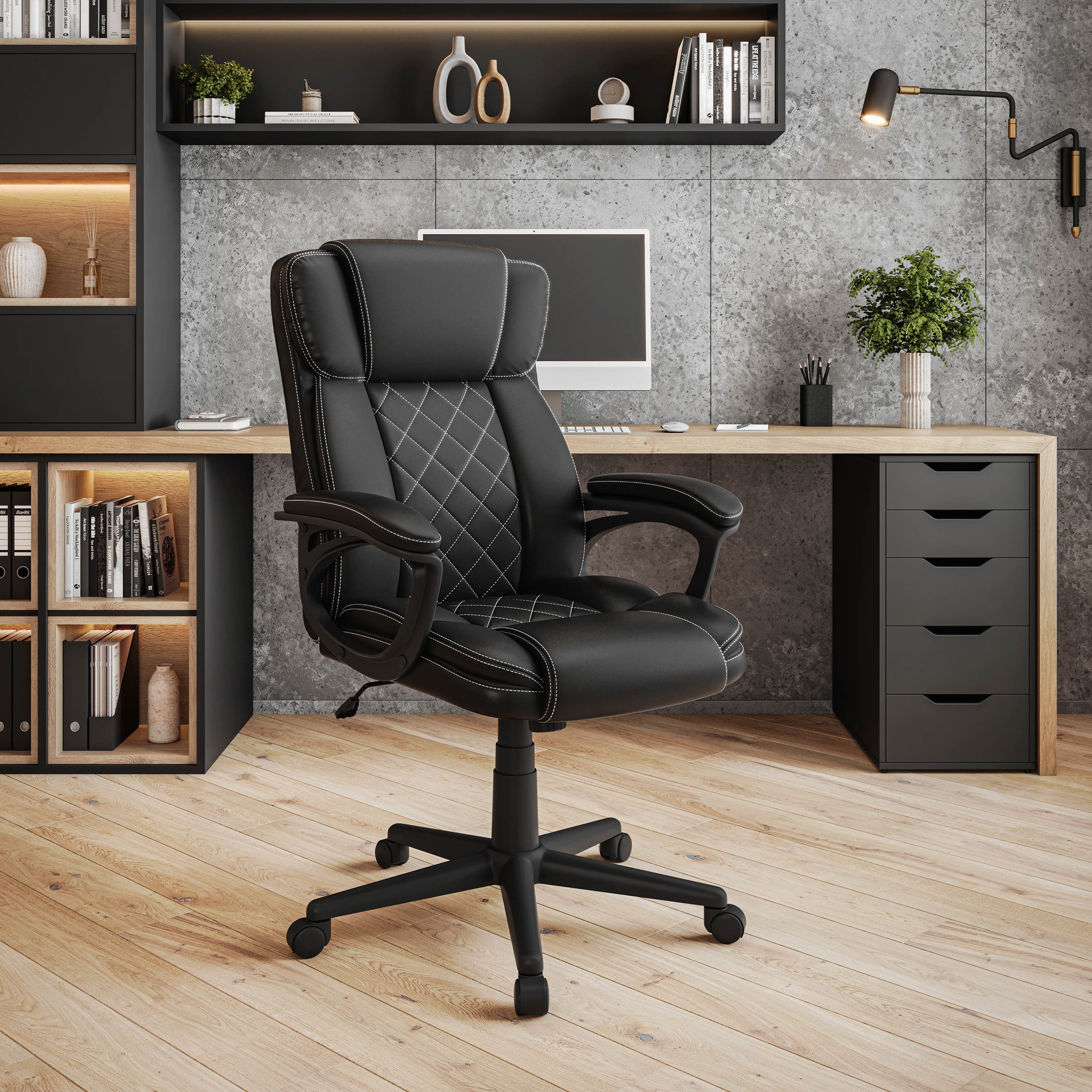 Black Diamond Stitched Faux Leather Ergonomic Executive Office Chair High Back Swivel Desk Chair with Lumbar Support for Home or Work - Platinum-Level Office Chairs
