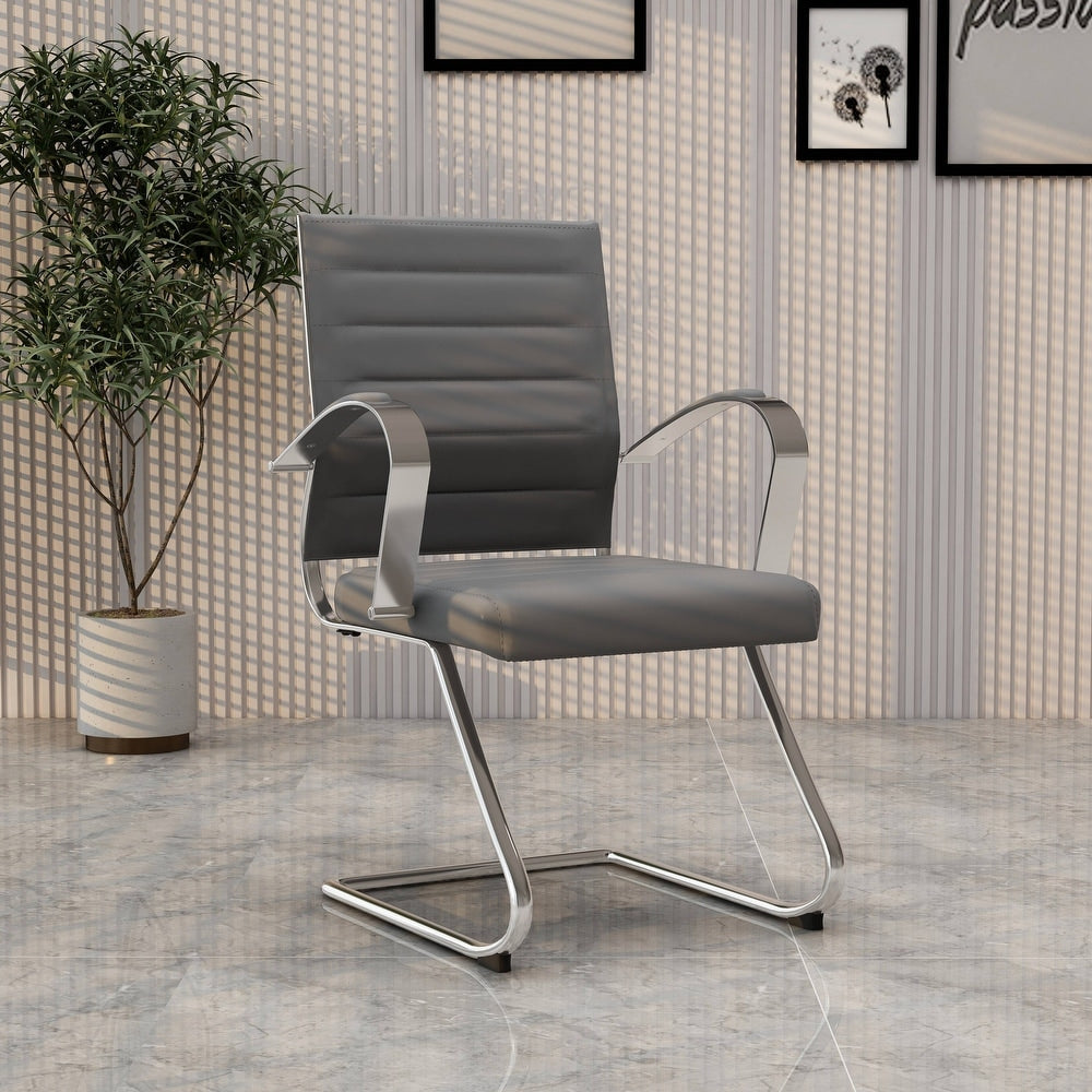 24 PCS Benmar Leather Upholstered Computer Office Chair with Sled Base, Padded Armrests for Home or Office - Grey