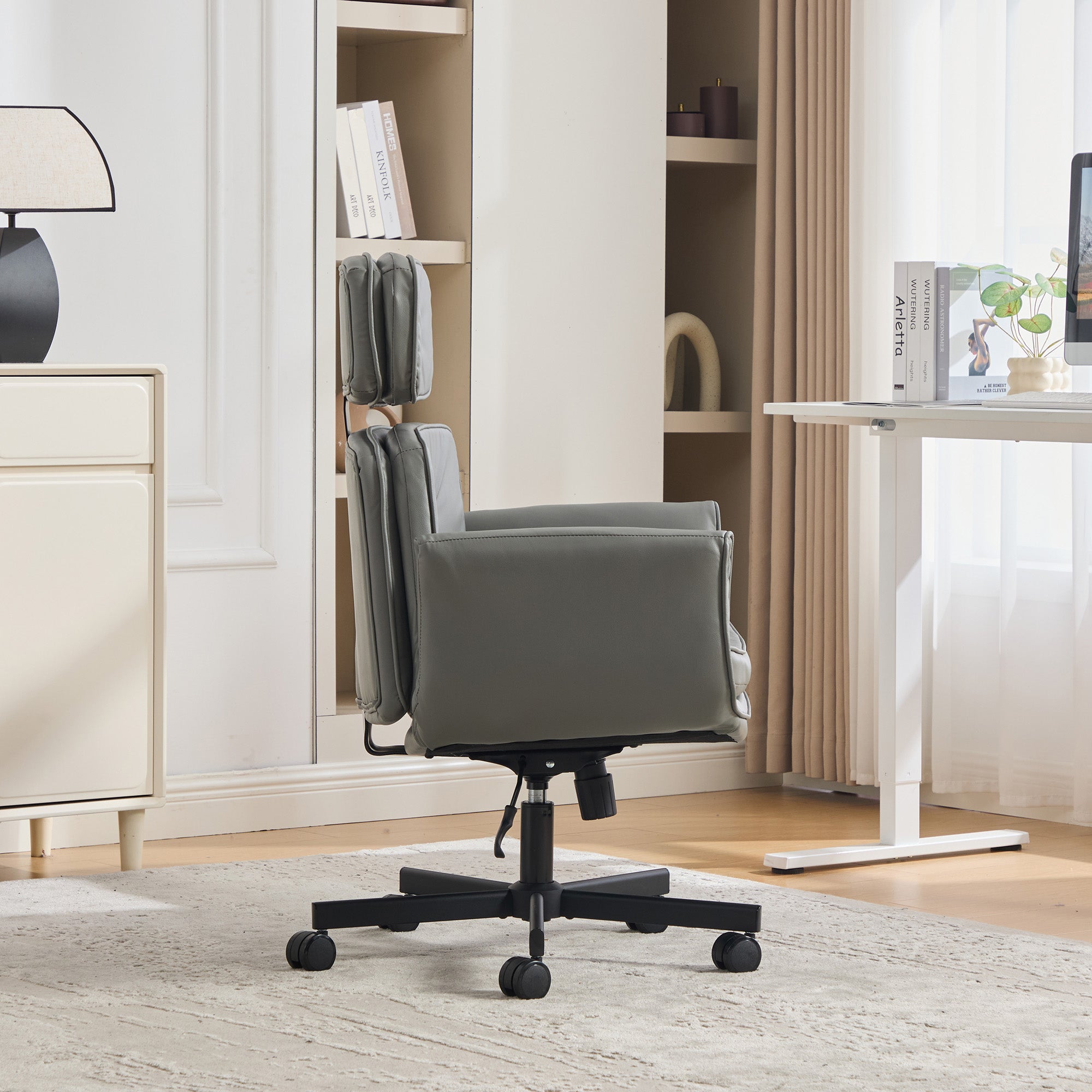 Grey PU Leather Criss Cross Chair with Armrests and Headrest