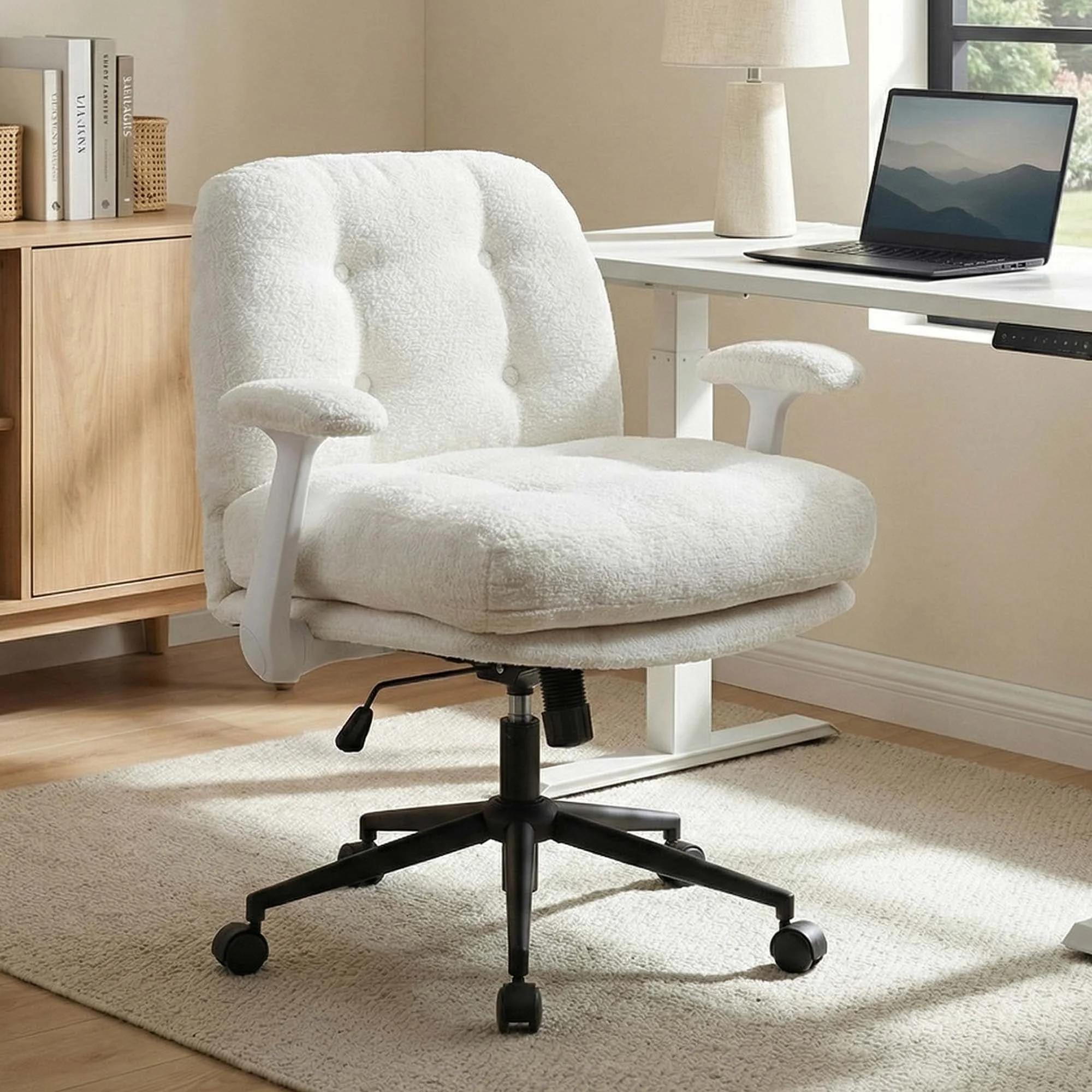White Velvet Like Chenille Swivel Desk Chair with Armrest