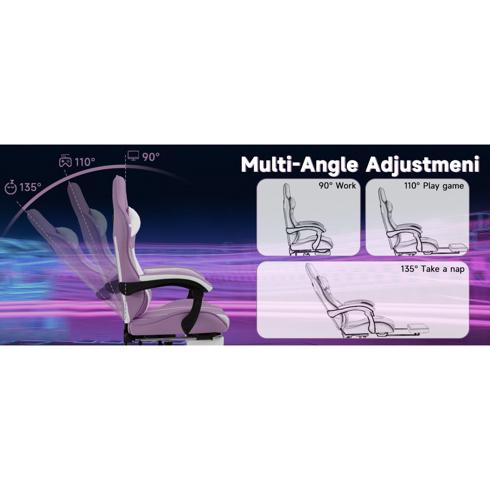 Purple and White Ergonomic Gaming Chair with Footrest - multi-angle recline
