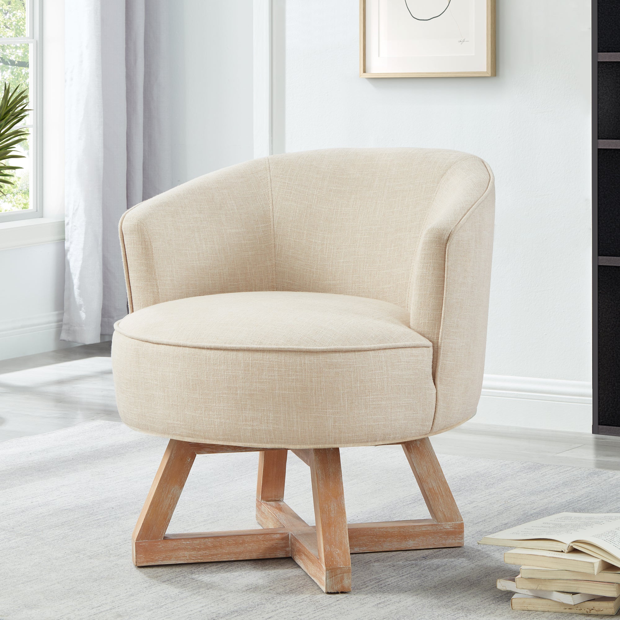 Beige Upholstered Linen Swivel Chair With Solid Rubberwood Base