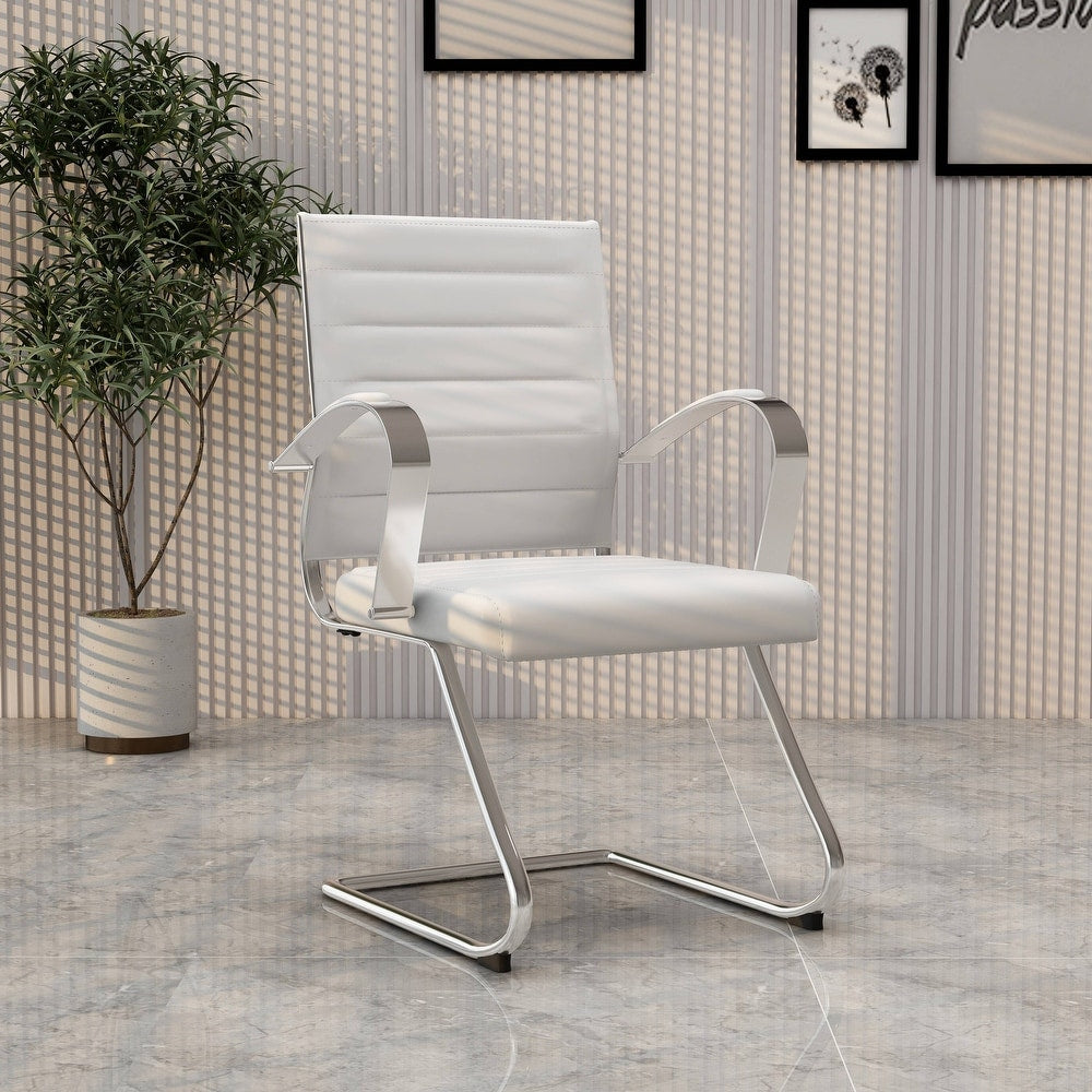24 PCS Benmar Leather Upholstered Computer Office Chair with Sled Base, Padded Armrests for Home or Office - White