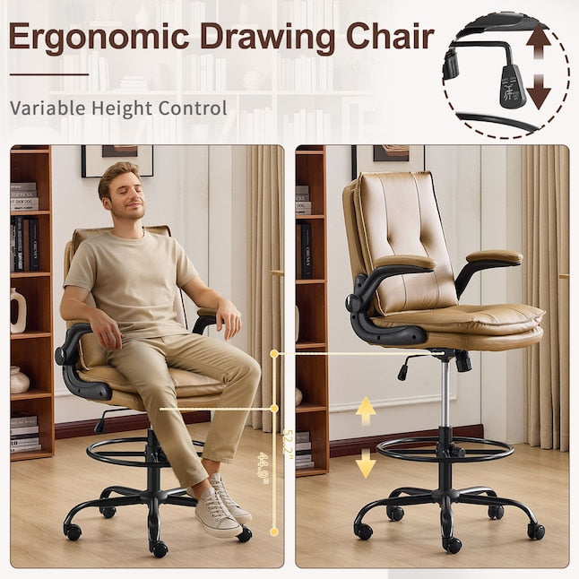 Ergonomic Faux Leather Drafting Chair with Adjustable Footrest, Integrated Arms and 330 lbs Capacity