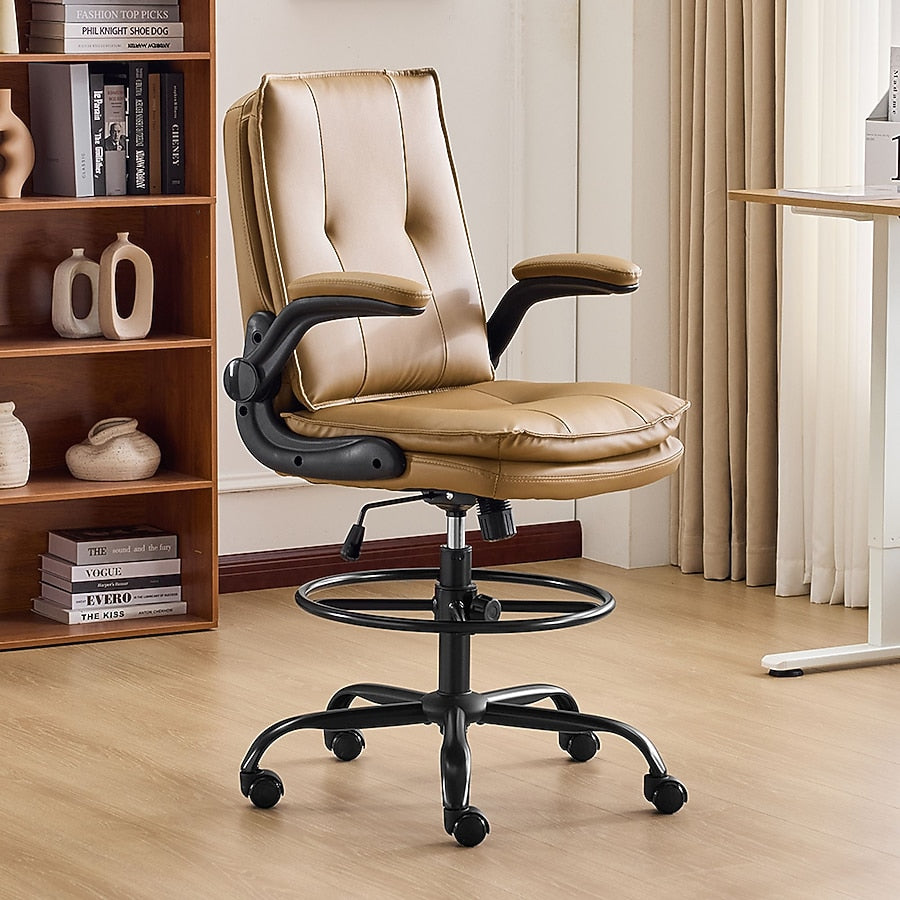 Ergonomic Faux Leather Drafting Chair with Adjustable Footrest, Integrated Arms and 330 lbs Capacity