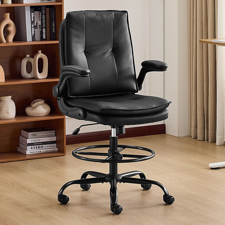 Ergonomic Faux Leather Drafting Chair with Adjustable Footrest, Integrated Arms and 330 lbs Capacity