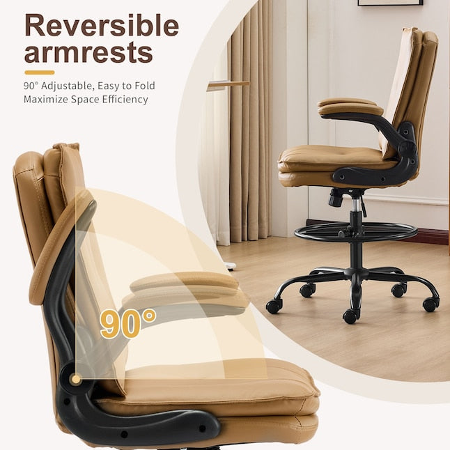 Ergonomic Faux Leather Drafting Chair with Adjustable Footrest, Integrated Arms and 330 lbs Capacity