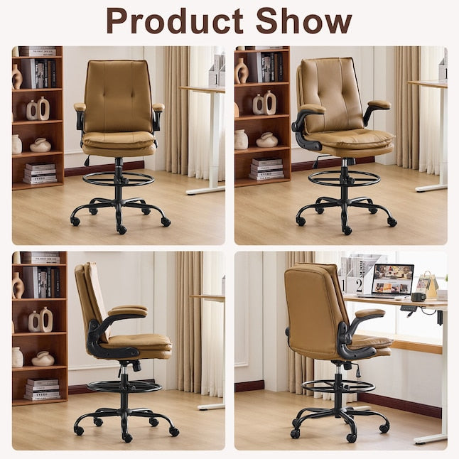 Ergonomic Faux Leather Drafting Chair with Adjustable Footrest, Integrated Arms and 330 lbs Capacity