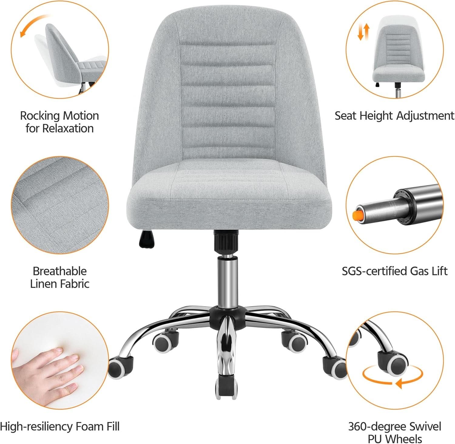 Light Gray Linen Armless Office Chair with Rolling Wheels - Platinum-Level Office Chairs