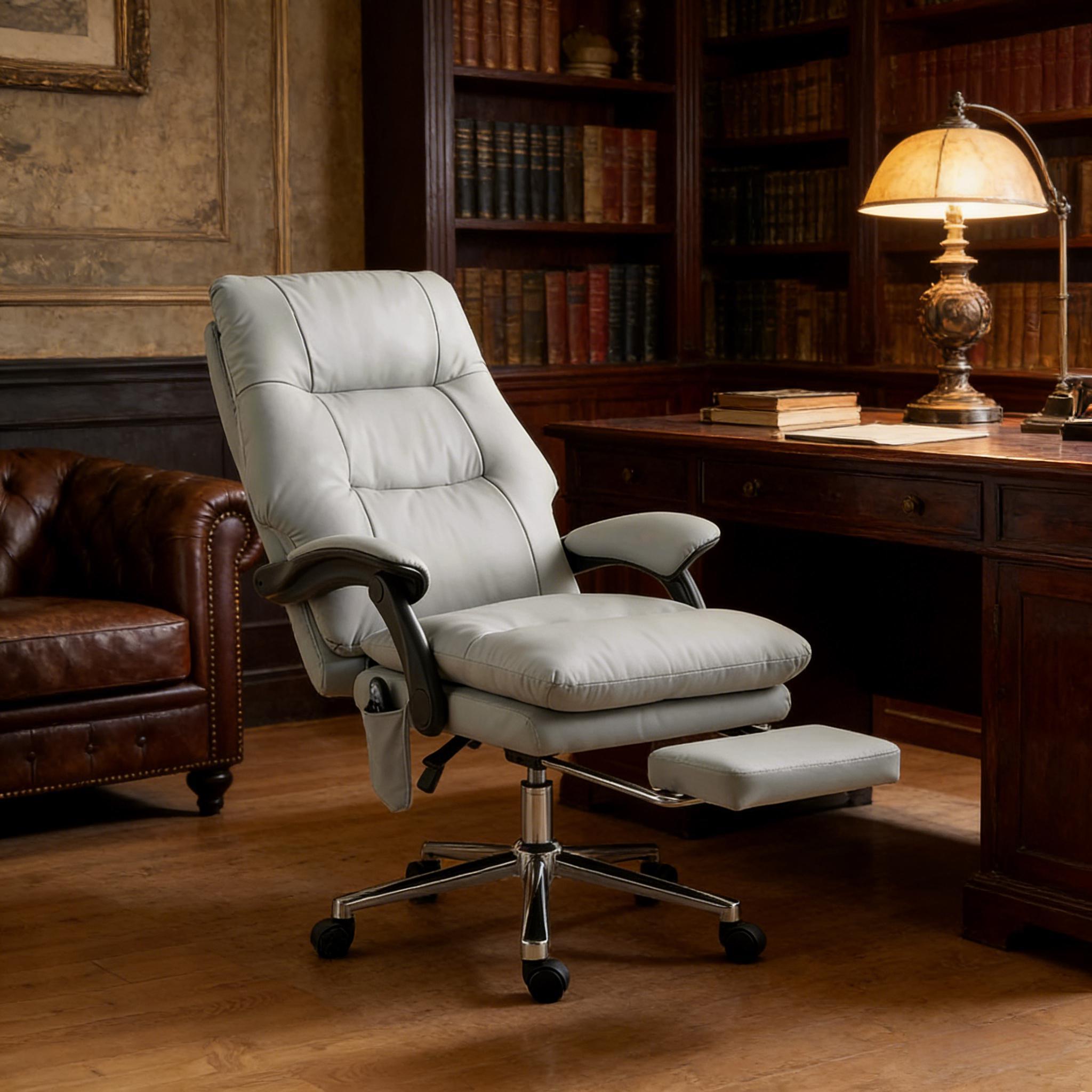 Grey Faux Leather Massage Recliner Desk Chair, Six Vibration Points - Platinum-Level Office Chairs