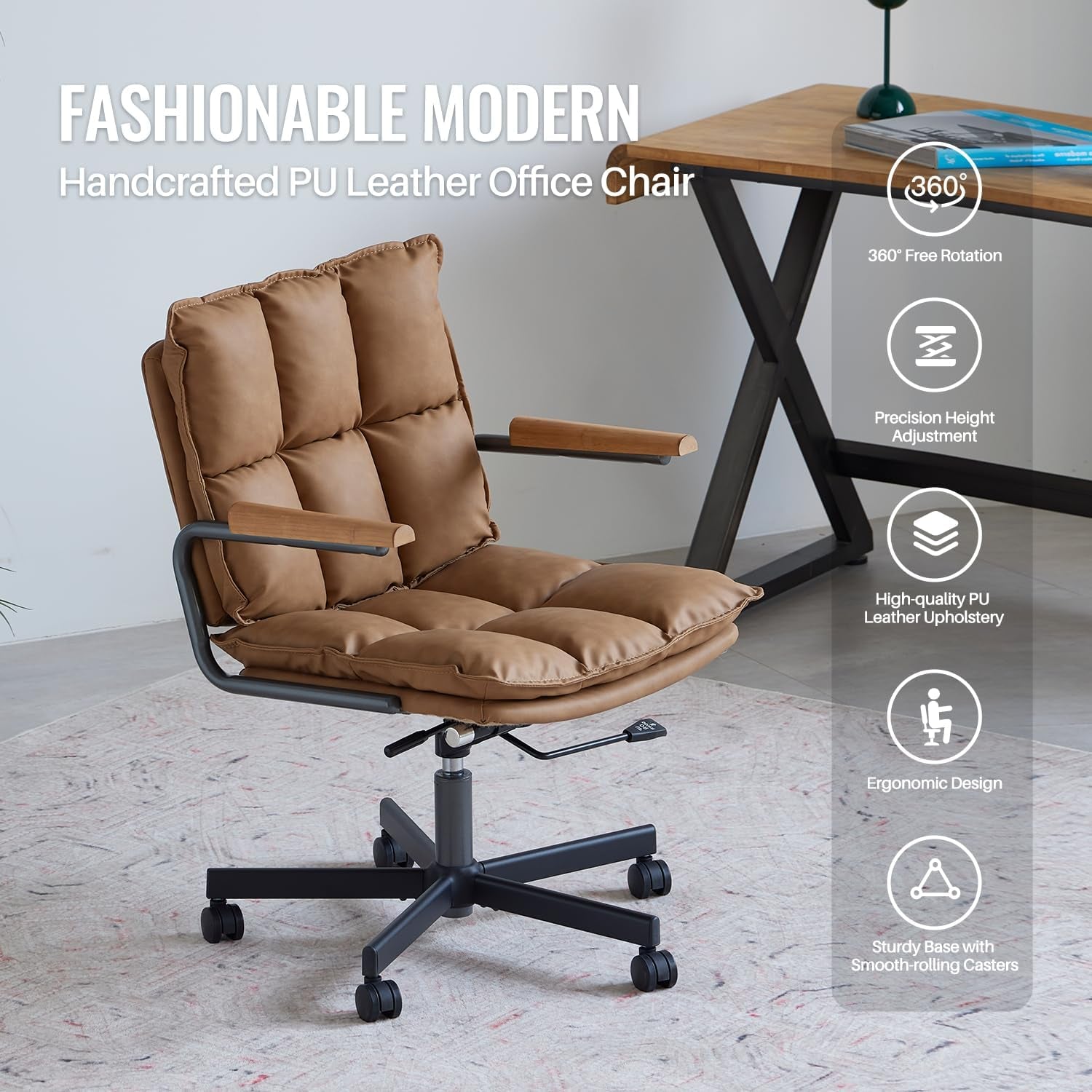 Home Office Desk Chair, Leather Ergonomic Computer Chair with Wheels, Adjustable Height Rolling Swivel Executive Chair, Camel Brown