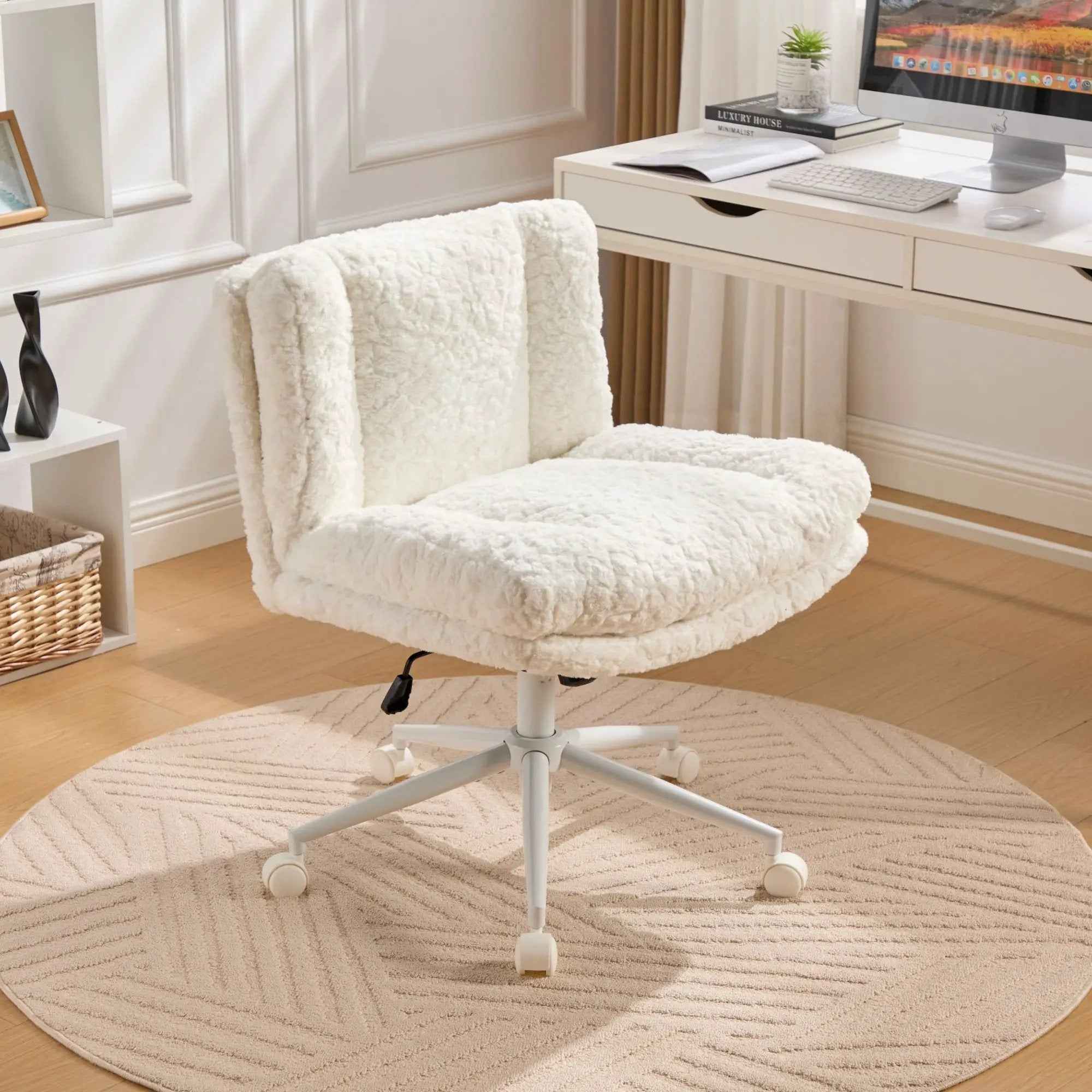 Cream Faux Fur Office Chair - Wide Seat, Adjustable Swivel, Cozy Comfort
