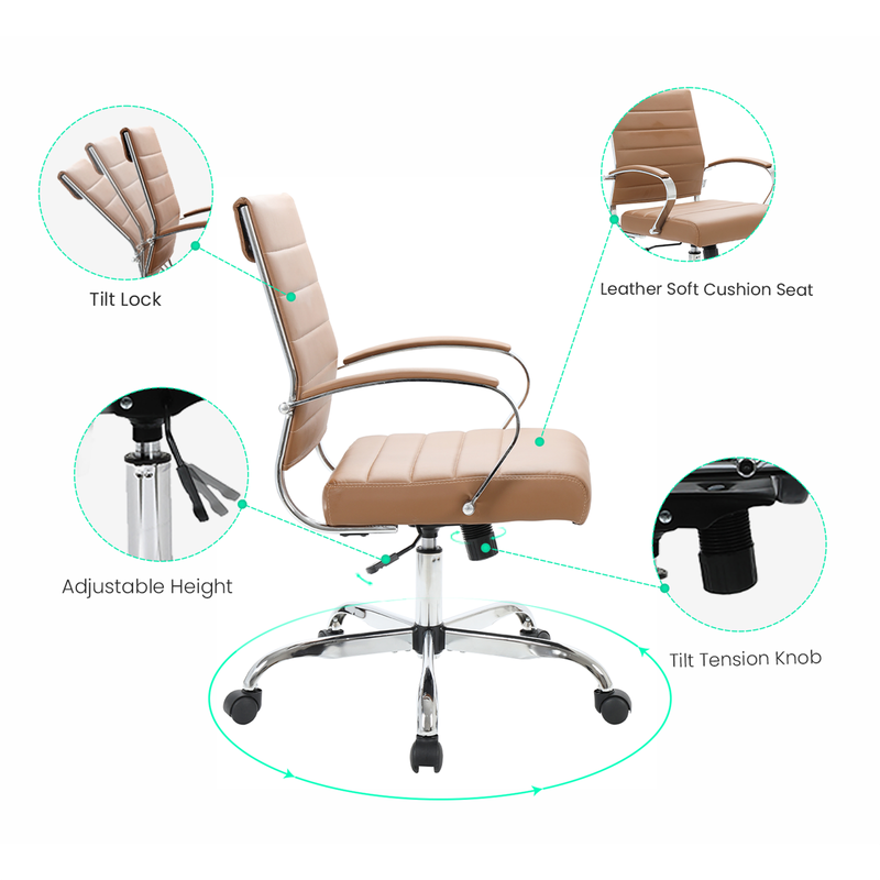 30 PCS Benmar Leather Office Desk Computer Chair with Ribbed Seat and Steel Frame - Brown