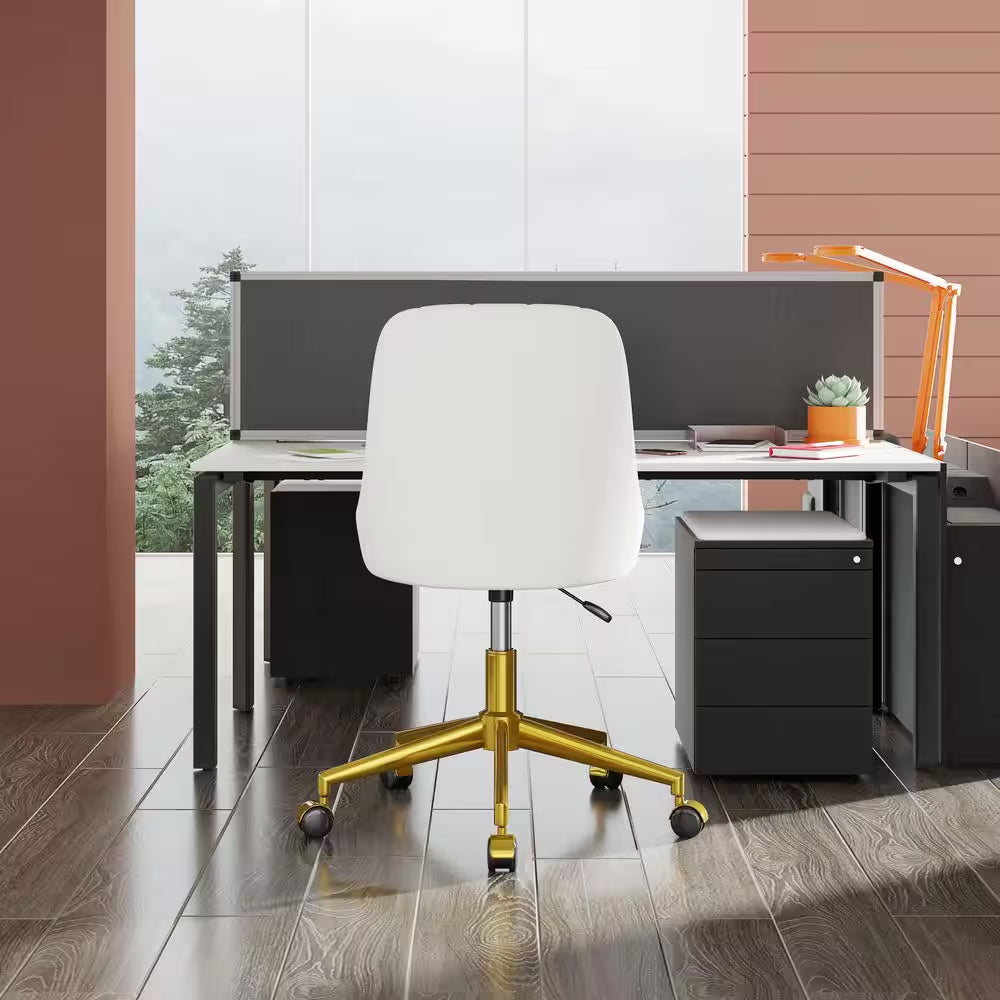 Height-Adjustable Velvet Office Chair with 360° Swivel, Gold Base, Rolling Desk Chair White for Living Room or Makeup