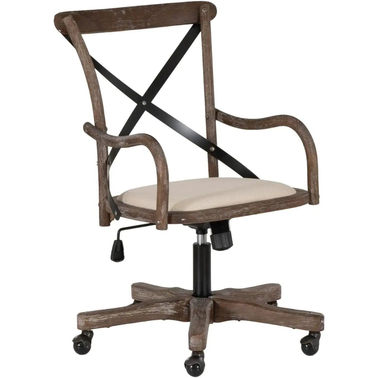 Linon Mavis greywashed wood café-style office chair with rolling base, adjustable height, beige cushion