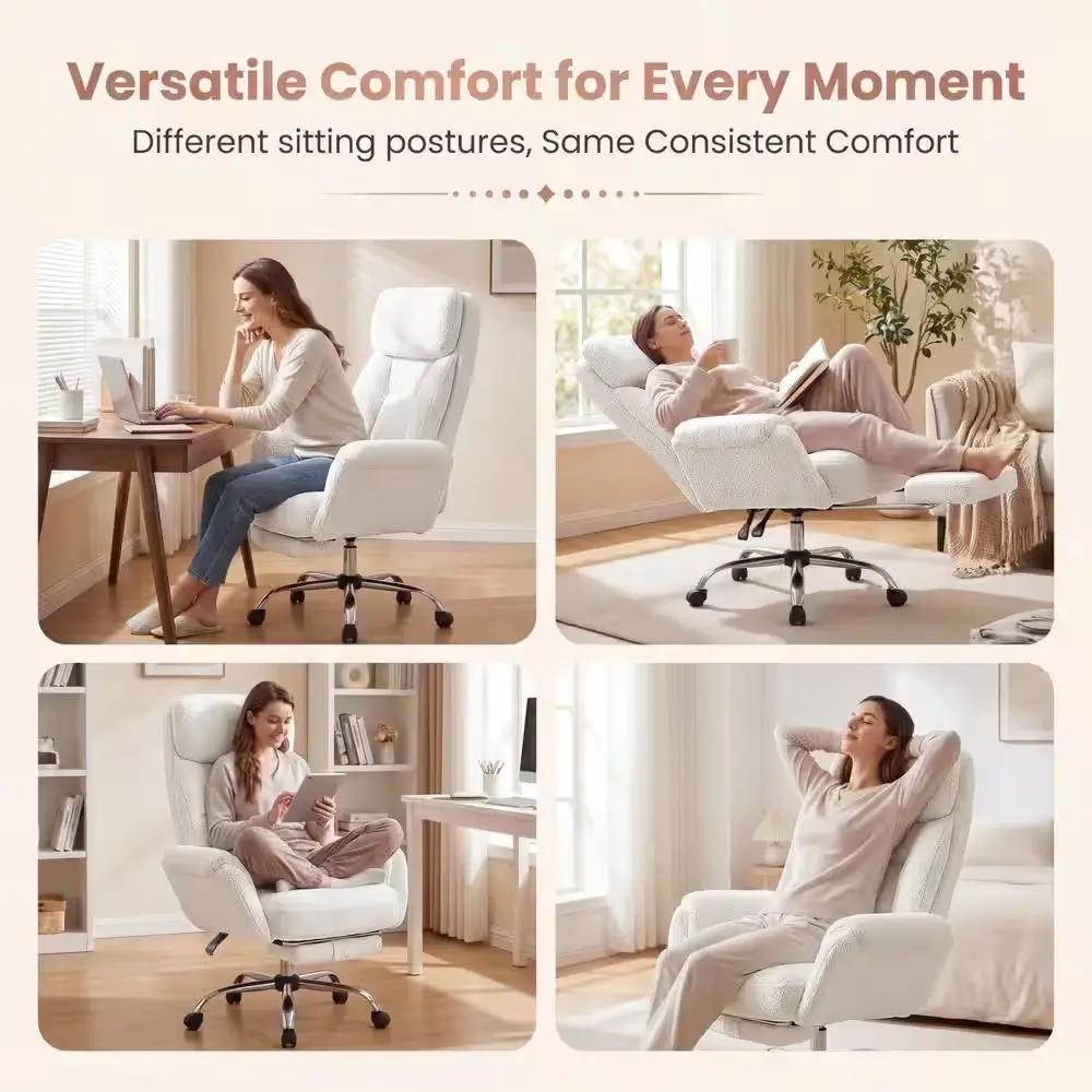 Big and Tall Teddy Fabric Footrest with Flip Armrests Office Chair in White, Cross Legged Computer Desk Chair