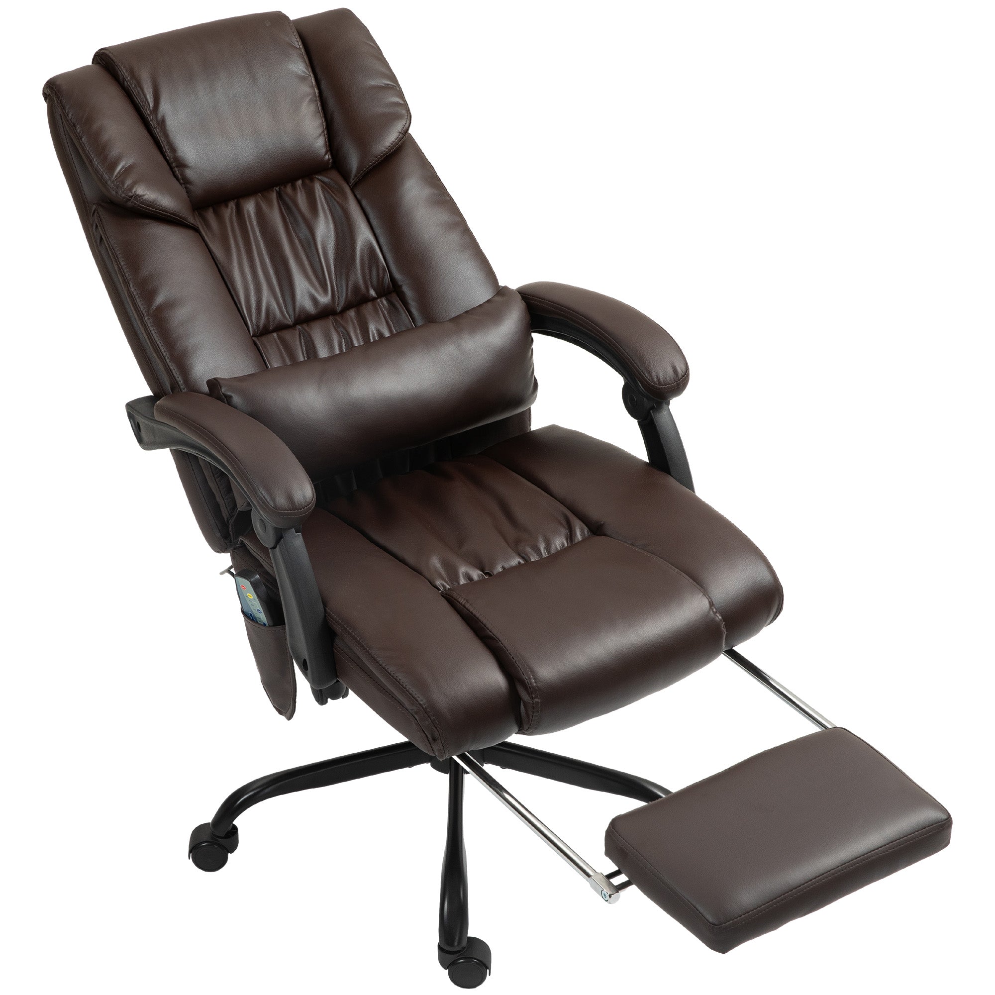 Brown office chair side view with footrest extended