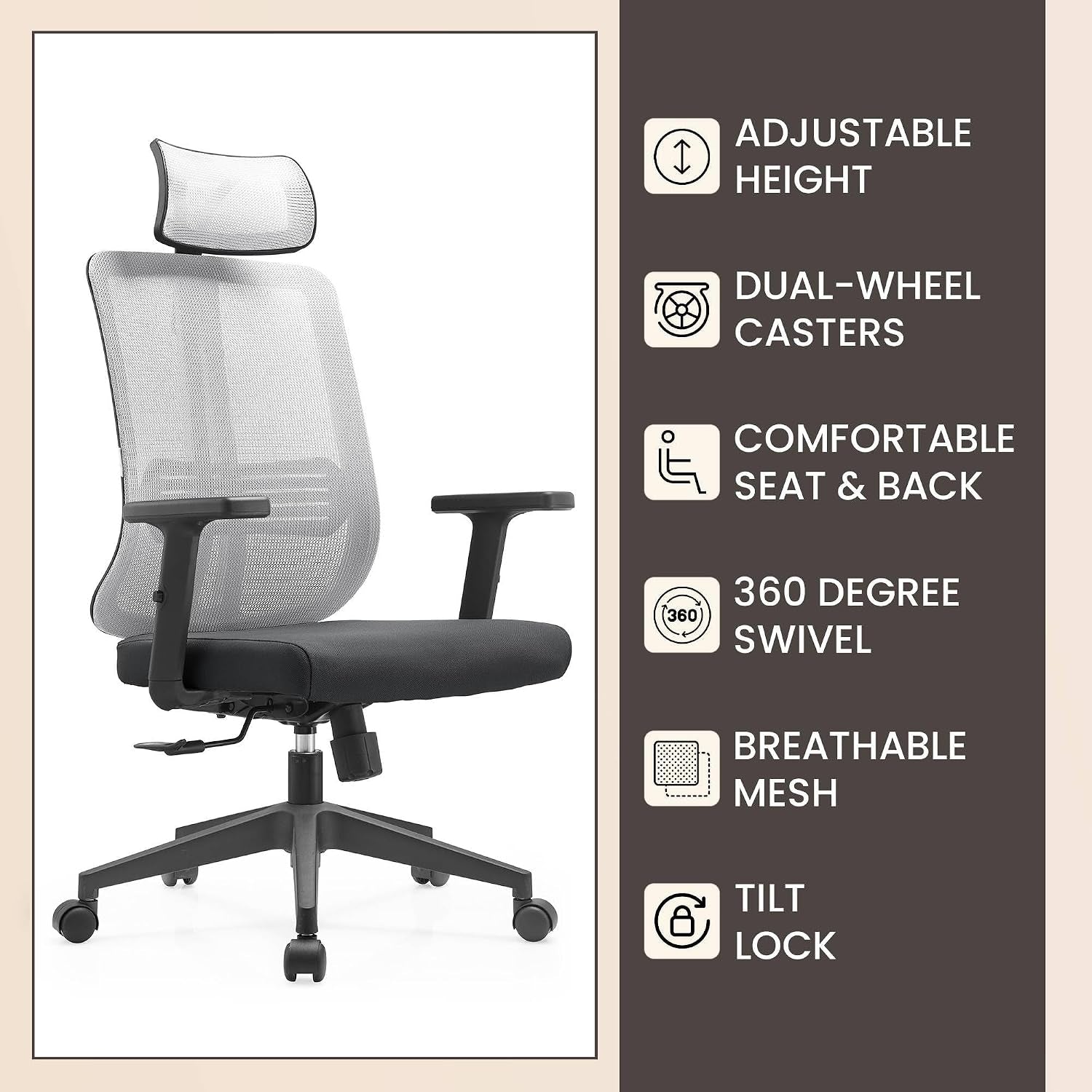 Leisuremod Office Chair, Adjustable Height Arm & Headrest, Upholstered Black Cotton Fabric Foam Filled Seat with White Mesh High Back, Modern Ergonomic Chair, 360 Degree Swivel & Tilt, Nift Series