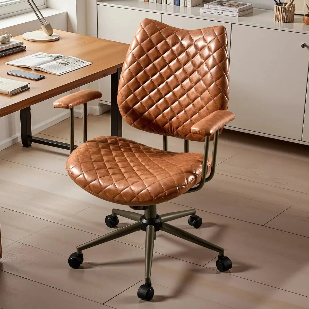 HOOOWOOO Mid-Century Leather Ergonomic Adjustable Swivel Office Chair