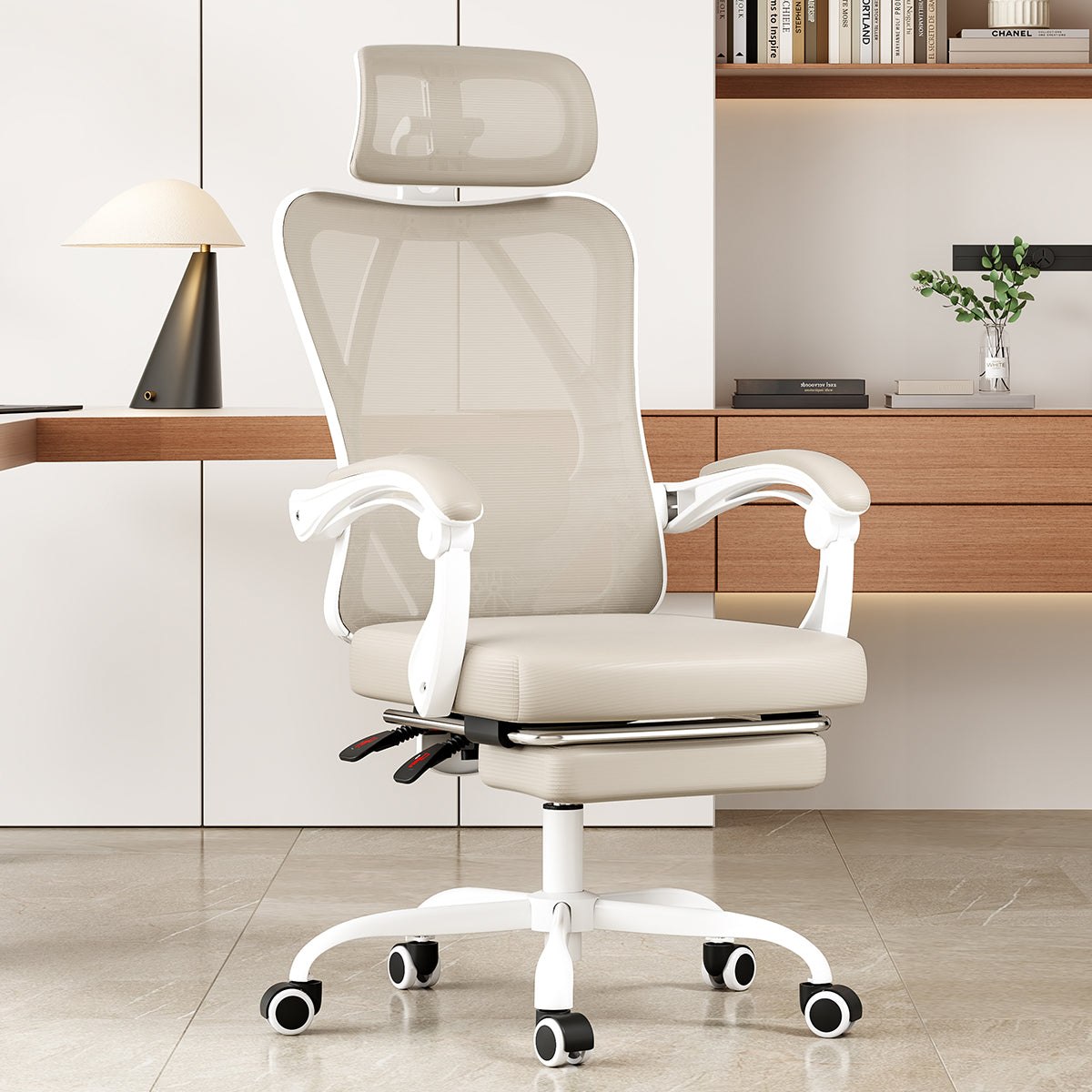 White and khaki ergonomic office chair with mesh back, headrest, footrest, and adjustable lumbar support for home or study use.