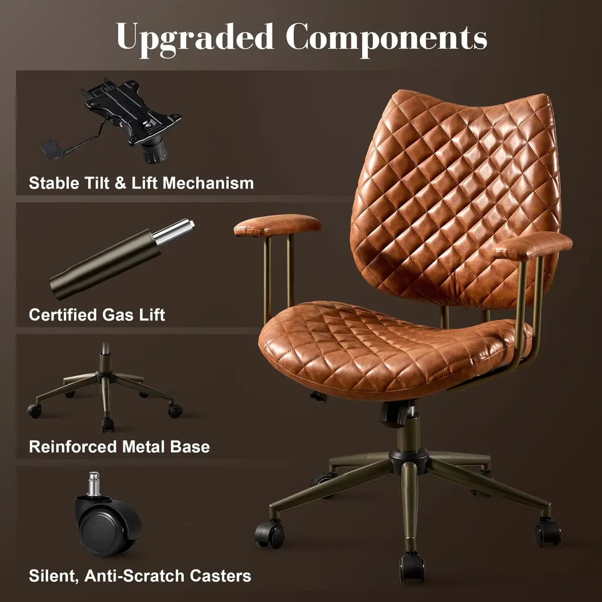 HOOOWOOO Mid-Century Leather Ergonomic Adjustable Swivel Office Chair