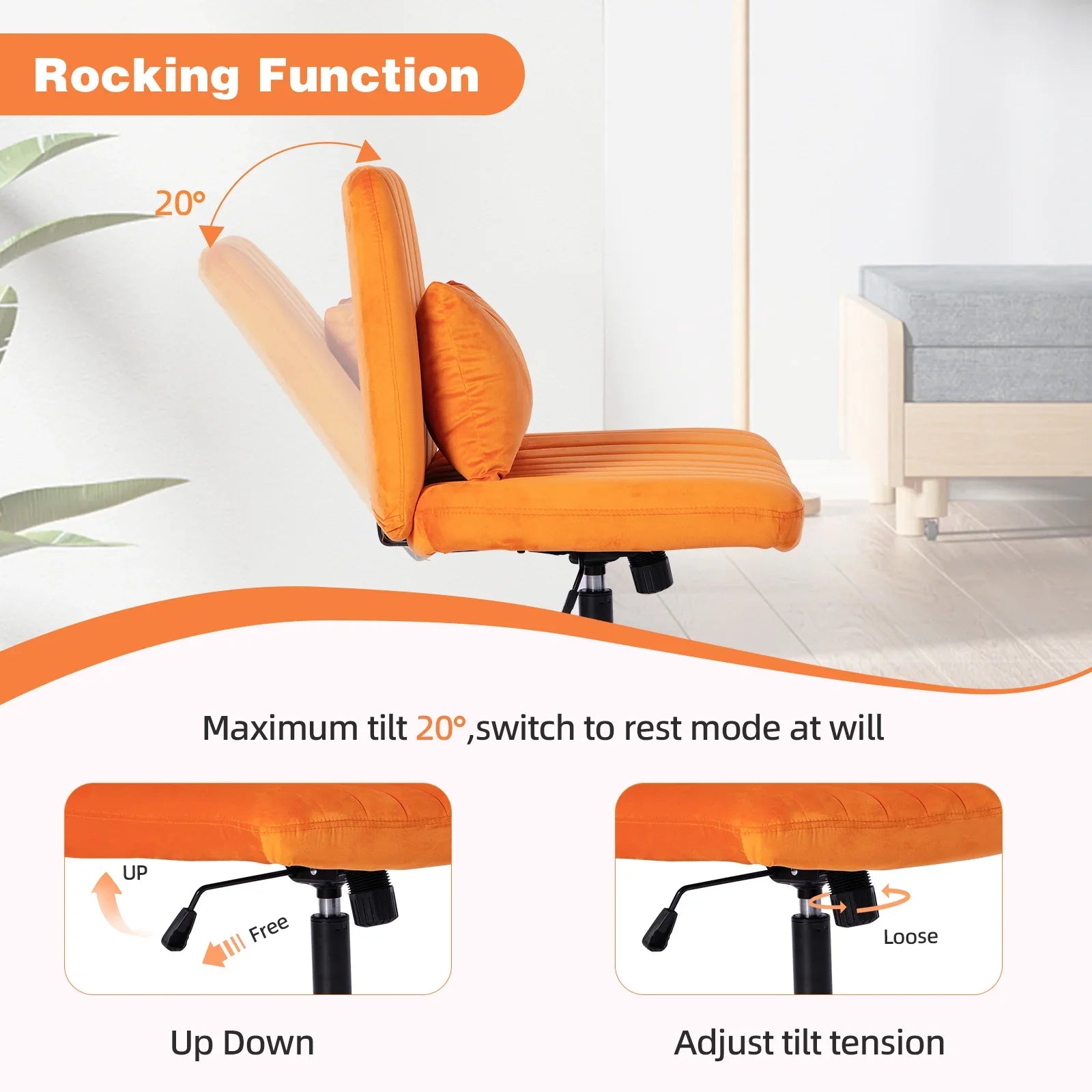 Orange Velvet Criss Cross Armless Office Chair With Wheels