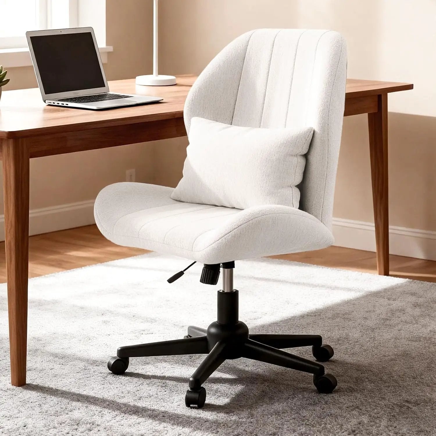 ZZW Criss Cross Chair with Wheels, Wide Cross Legged Office Chair Armless Comfy Desk Chair with Tall Back Vanity Chairs with Stress Relief Curved Design Seat for Bedroom & Office & Home Oatmeal