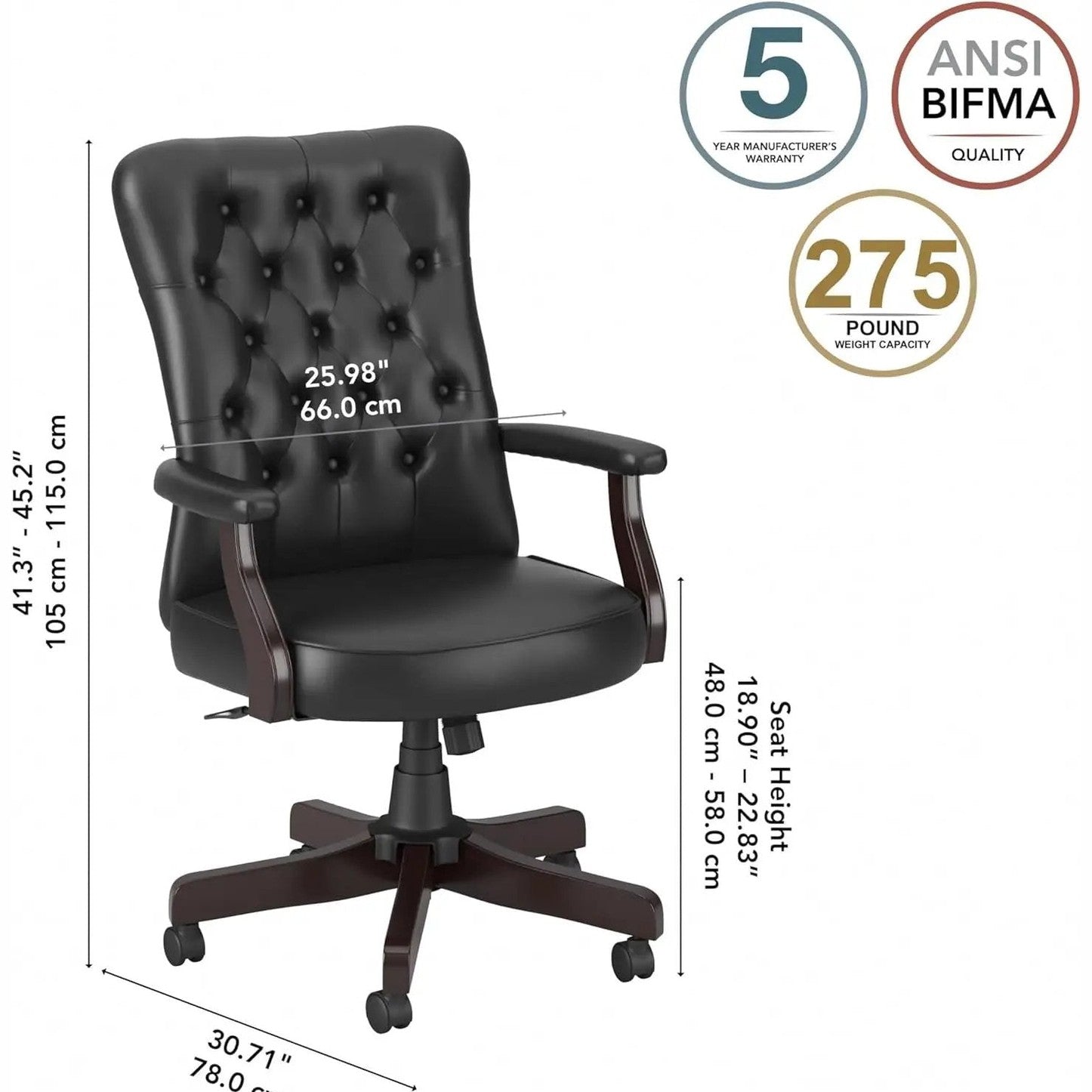 Bush Furniture Arden Lane high-back tufted office chair with arms in black leather