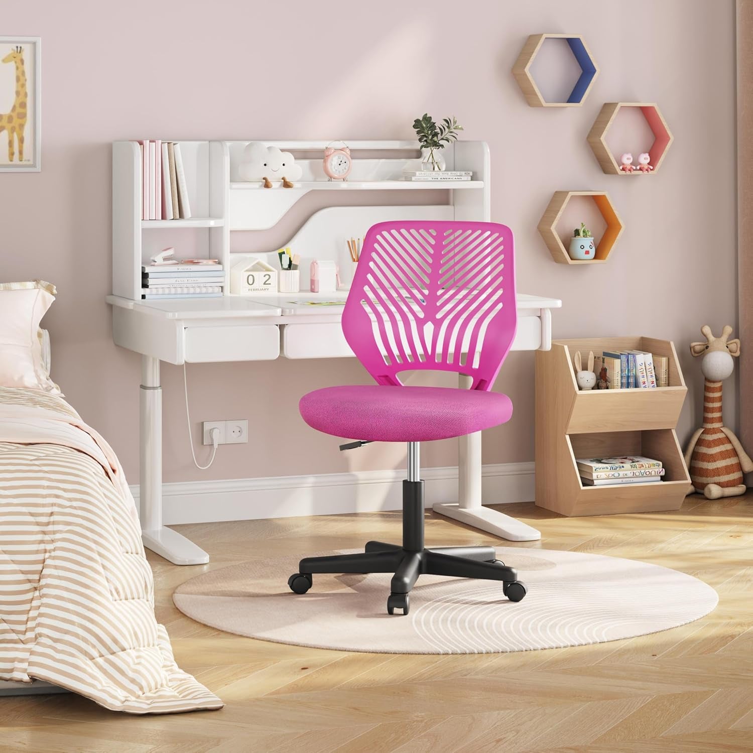 Yaheetech Small Desk Chair, Armless Adjustable Swivel Seat, Rose Red | Padded Mesh Seat and Ventilated Resin Back, Compact Armless Frame Rolls and Adjusts for Study and Small Desks, Holds 300 Lb.