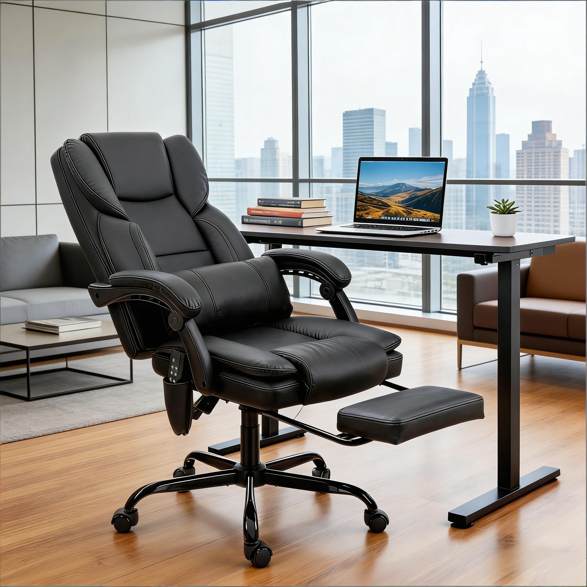 Black faux leather massage office chair in office setting