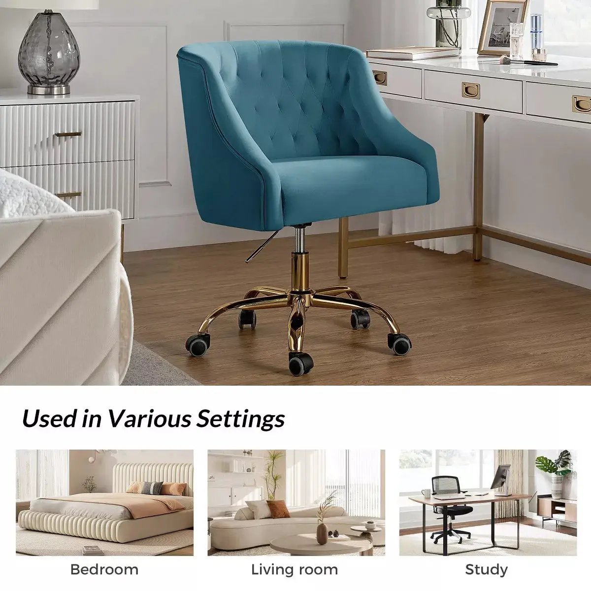 Anika Modern Velvet Height-Adjustable Swivel Task Office Chair with Button-Tufted Back and Gold Base | Karat Home