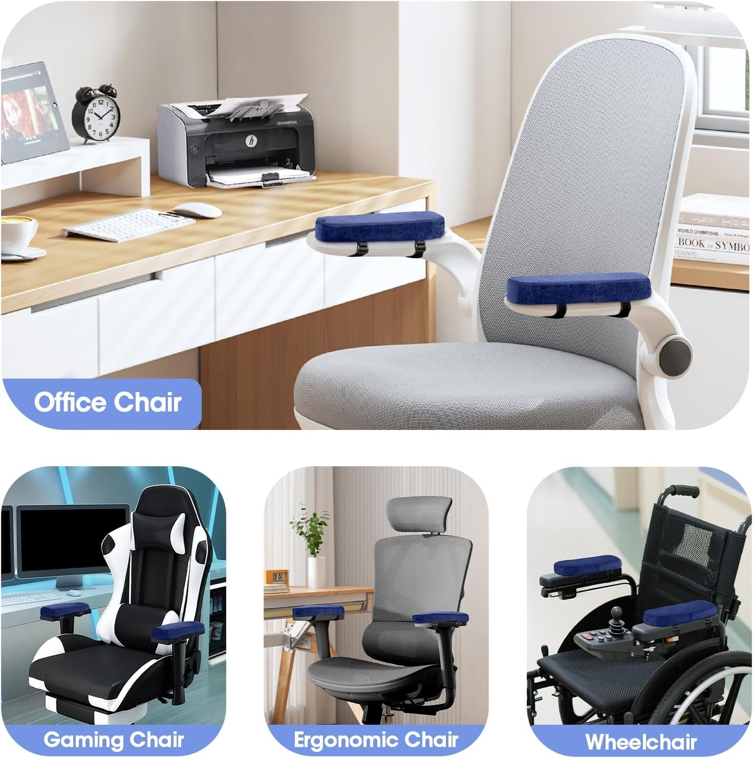 ZNCMRR 2 Pack Office Chair Armrest Pads Covers with Memory Foam(Blue) | Adjustable Elbow Pillow for Forearm Pressure Relief, Arm Rest Covers for Office Chairs, Wheelchair, Comfy Gaming Chair