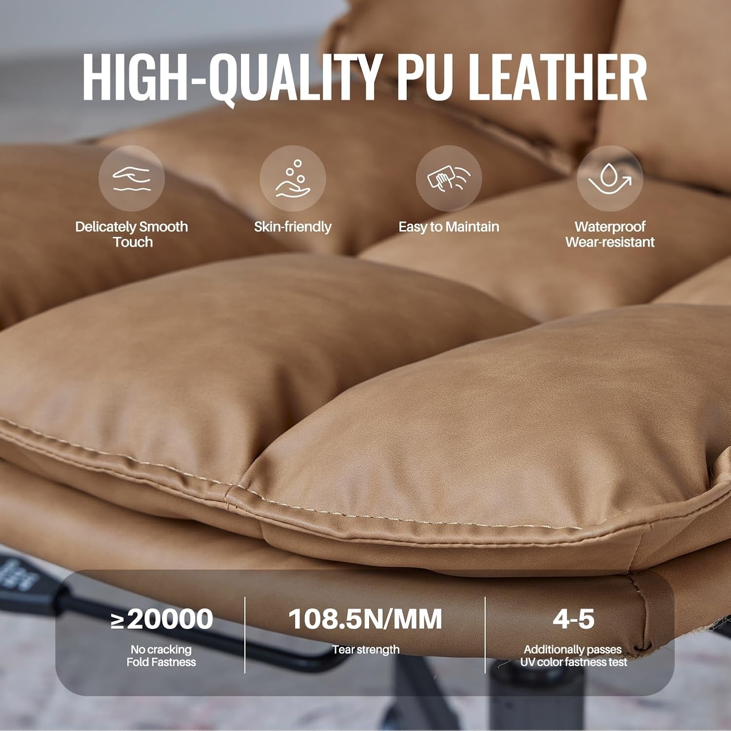 Home Office Desk Chair, Leather Ergonomic Computer Chair with Wheels, Adjustable Height Rolling Swivel Executive Chair, Camel Brown