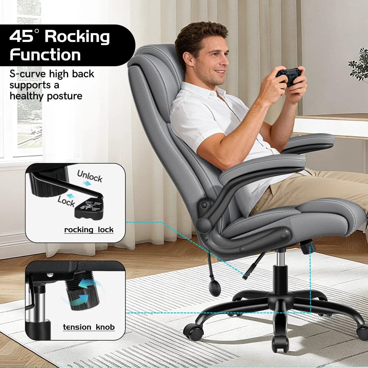 Coolhut big and tall office chair with adjustable lumbar support, padded flip-up arms, high back, light gray, sturdy design for heavy users.