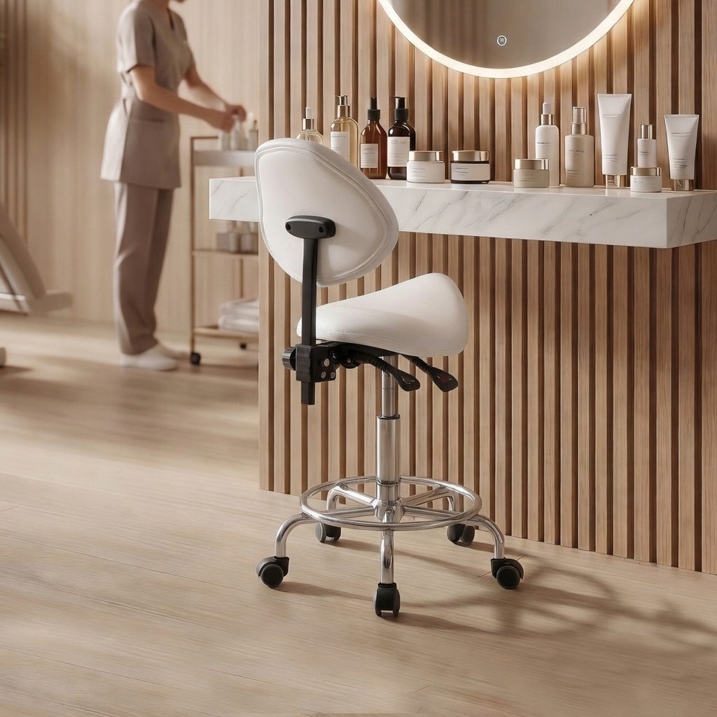 White Rolling Saddle Stool with Backrest, Medical Dental Stool - Platinum-Level Office Chairs