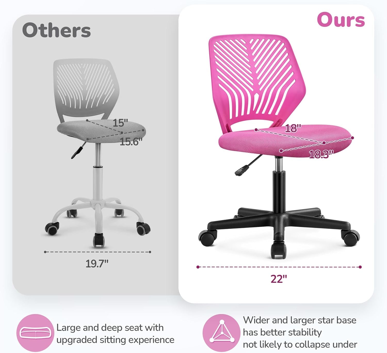 Yaheetech Small Desk Chair, Armless Adjustable Swivel Seat, Rose Red | Padded Mesh Seat and Ventilated Resin Back, Compact Armless Frame Rolls and Adjusts for Study and Small Desks, Holds 300 Lb.