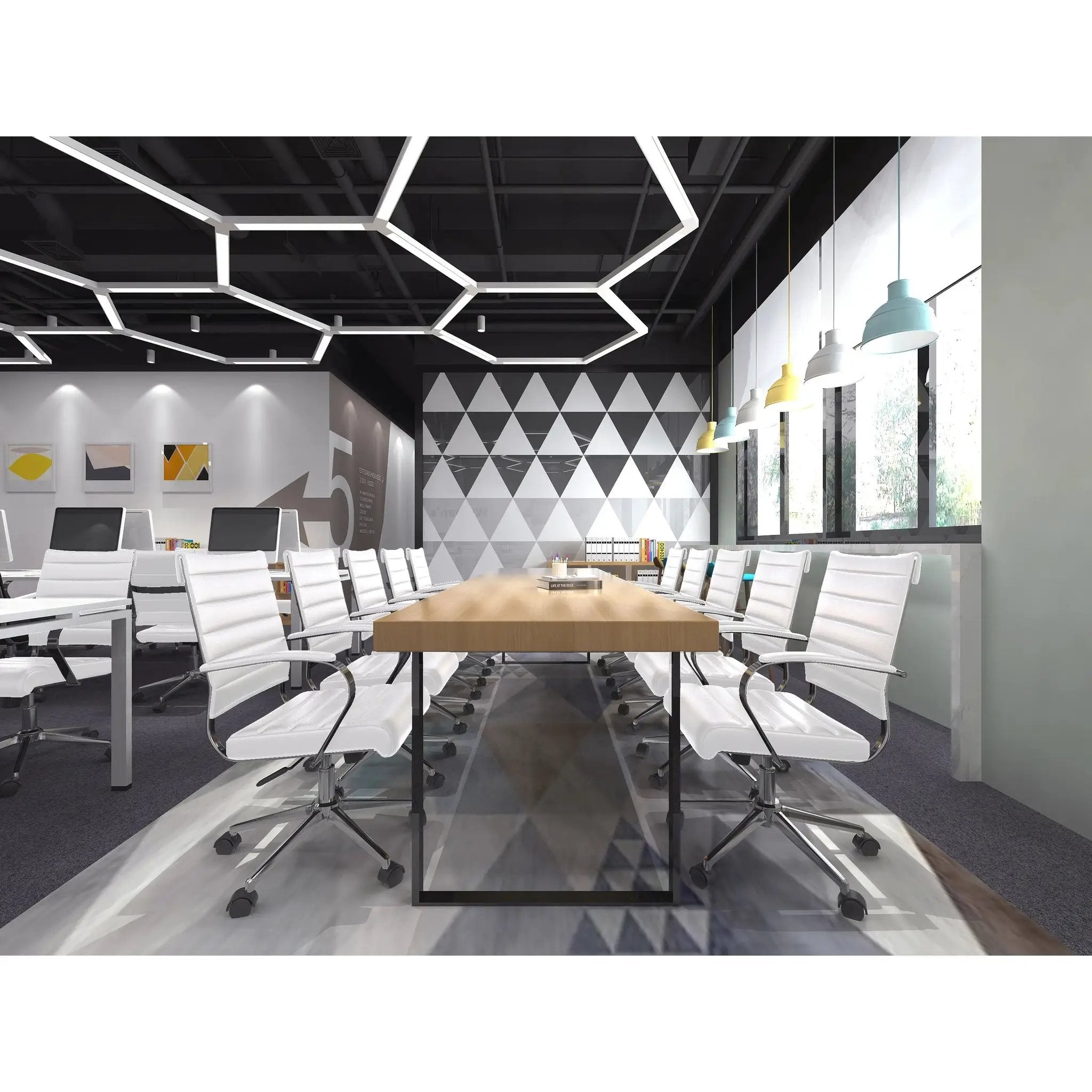 Black Office Chairs Mid Back Ribbed PU Leather Executive Task Work Conference with Arms Wheels Tilt Swivel Rolling