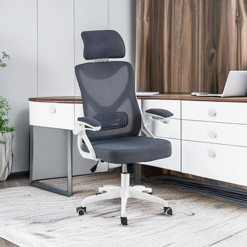 Yaheetech Ergonomic Office Chair with Headrest, Lumbar Support, White/Gray | Breathable Mesh High-Back Adjustable Headrest, Padded Seat, and Flip-Up Armrests Supports Your Back and Neck, Holds 300Lb