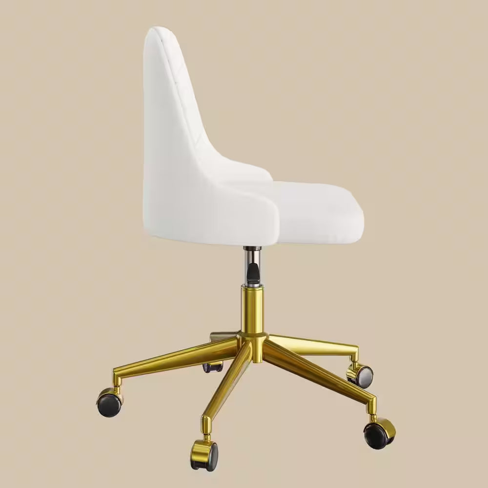 Height-Adjustable Velvet Office Chair with 360° Swivel, Gold Base, Rolling Desk Chair White for Living Room or Makeup