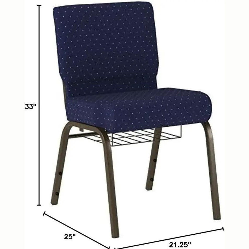 Flash Furniture 4 Pack HERCULES Series 21''W Church Chair in Navy Blue Dot Patterned Fabric with Book Rack - Gold Vein Frame by 5 years limited.