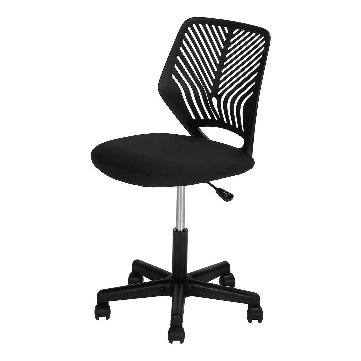 Office chair with black mesh back, cushioned seat, adjustable height, swivel, five-star base