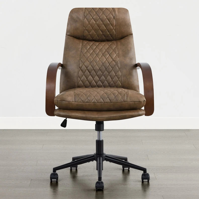 Upholstered Swivel Office Chair with Wood Arms