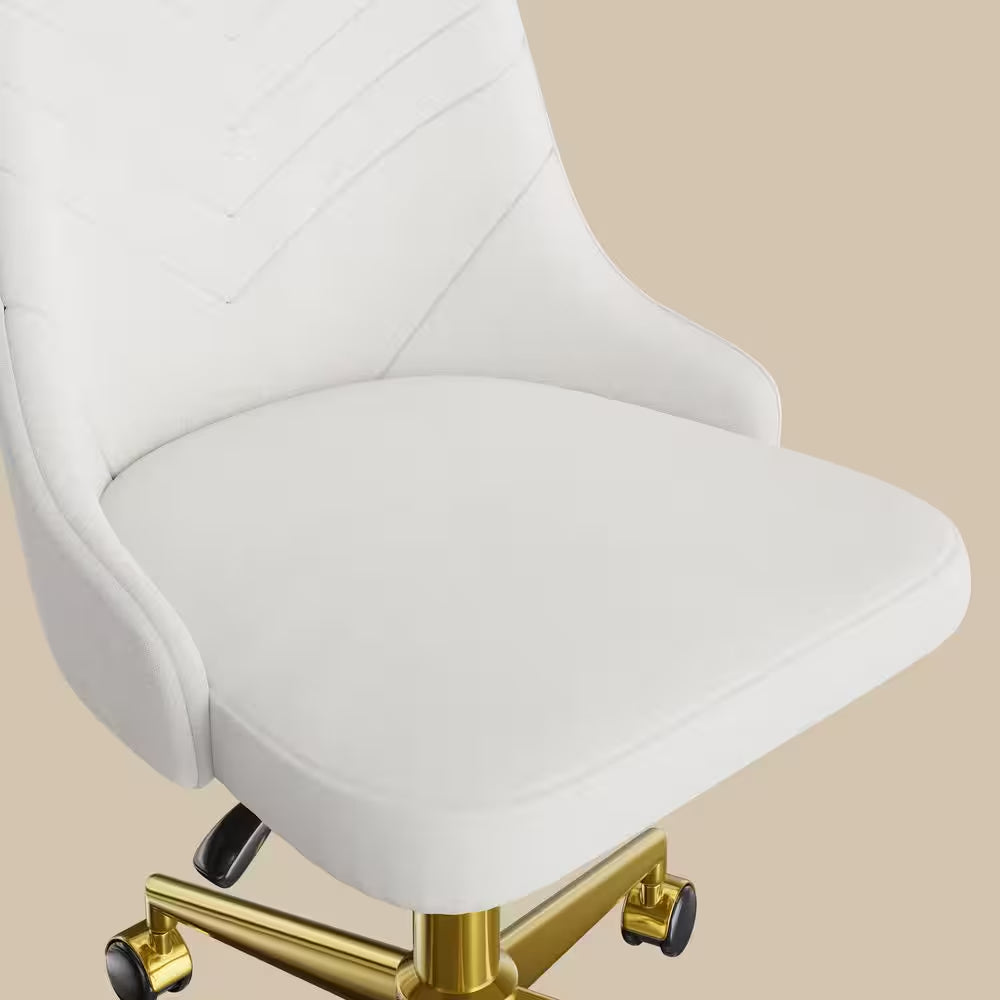 Height-Adjustable Velvet Office Chair with 360° Swivel, Gold Base, Rolling Desk Chair White for Living Room or Makeup