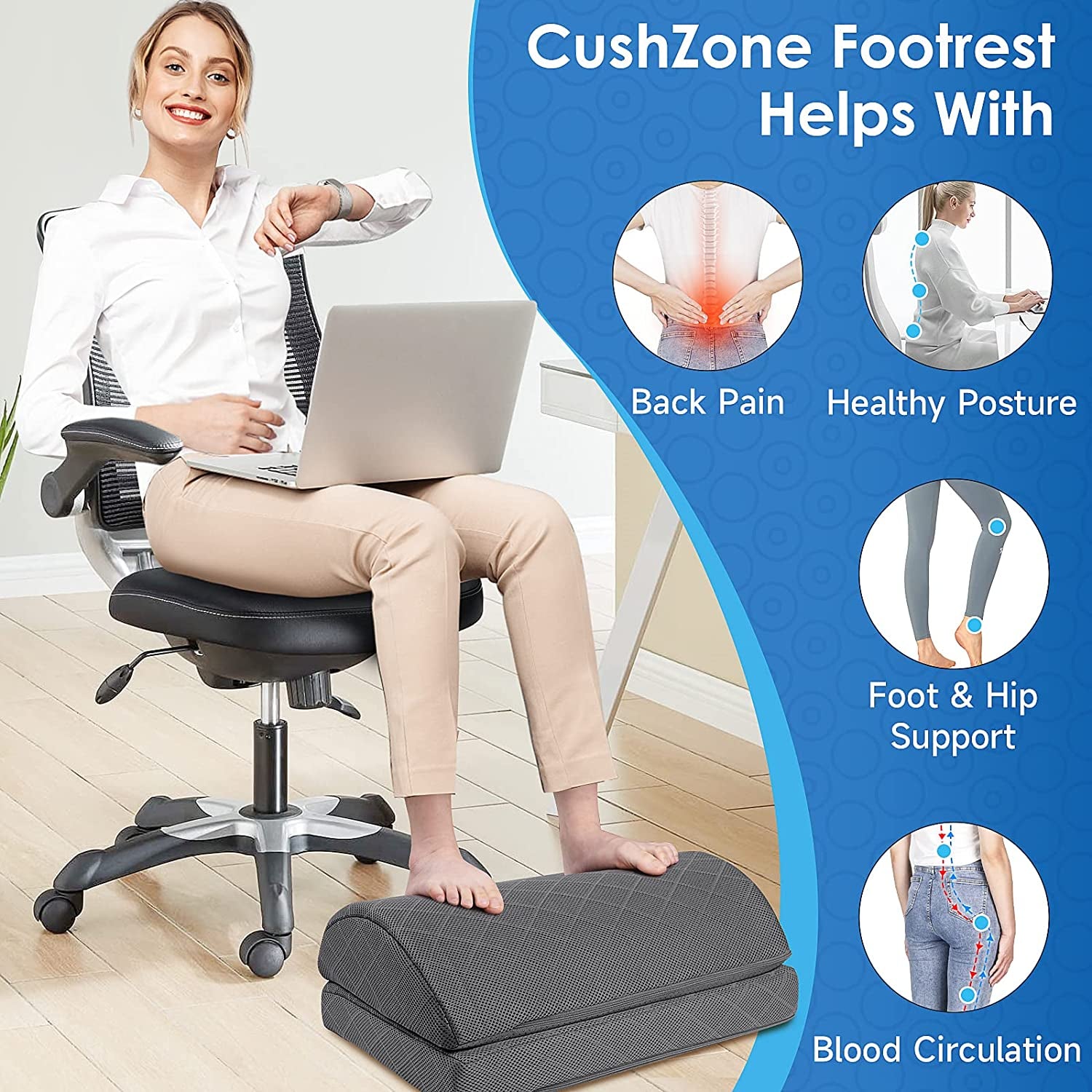 Cushzone Foot Rest for under Desk at Work, Grey | 2-Height Adjustable Foot Stool for Office and Home, Office Desk Accessories, Ergonomic Foot Support