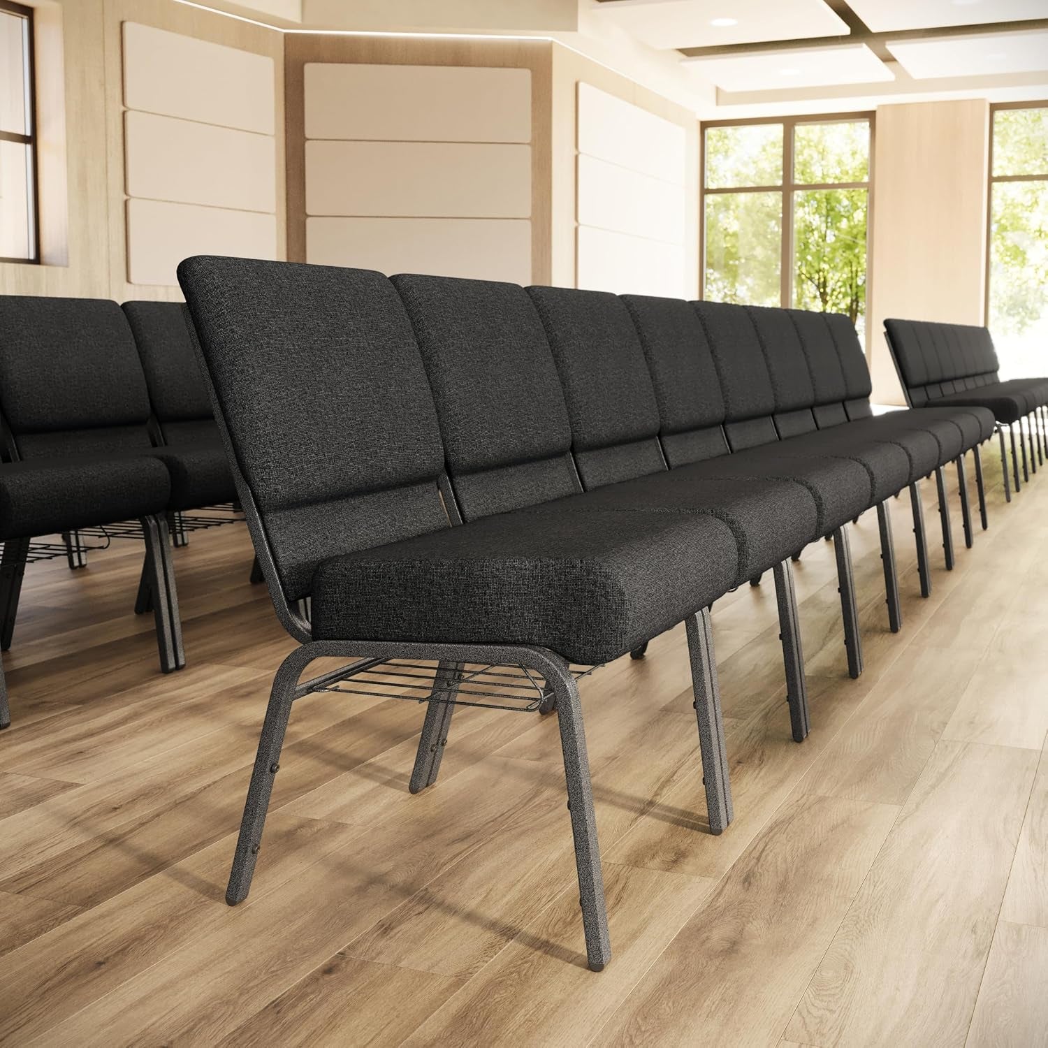Flash Furniture HERCULES Series 21''W Church Chair in Dark Gray Fabric with Book Rack - Silver Vein Frame